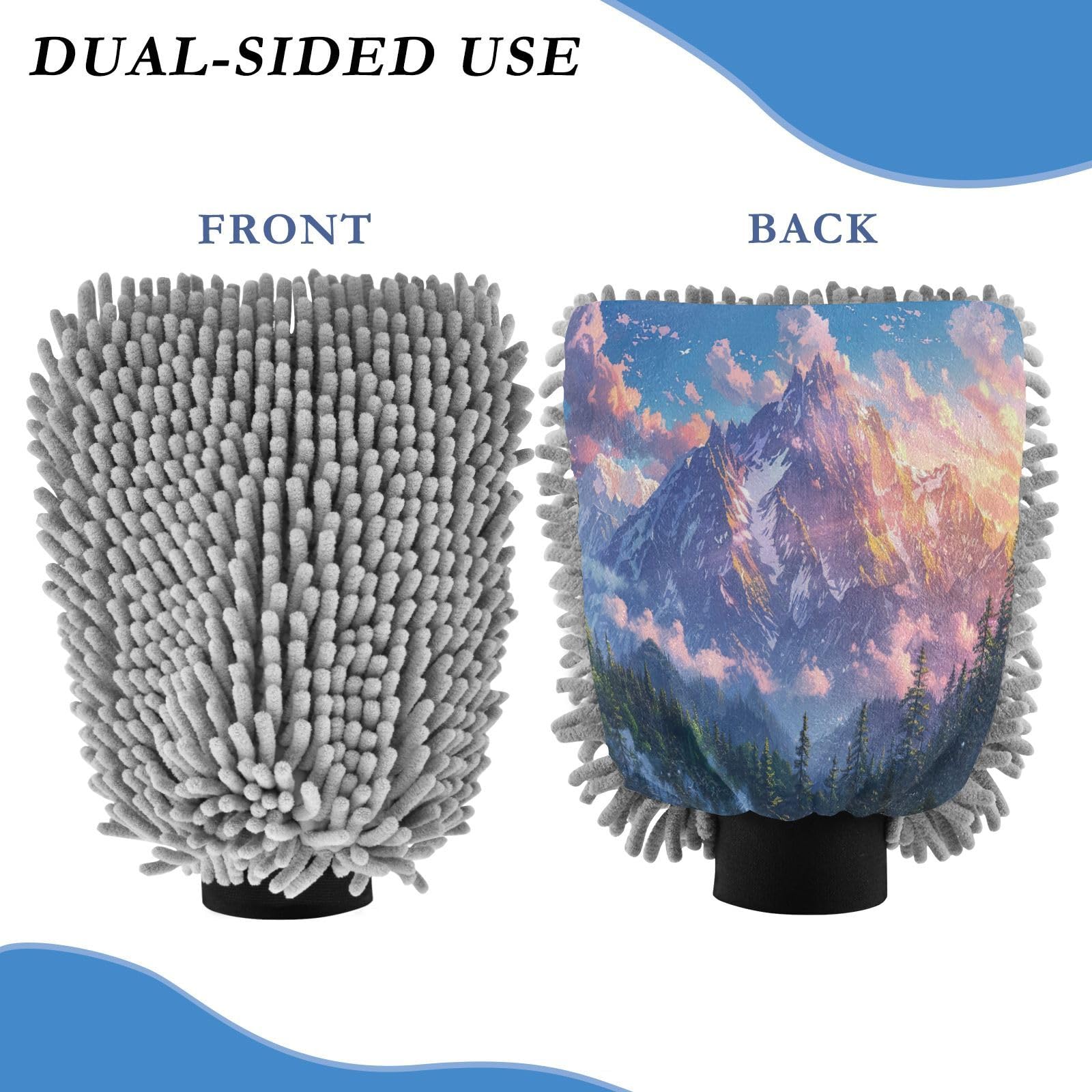 Kigai Beautiful Mountain Scenery Car Wash Mitt Microfiber, 2Pcs Scratch Free Lint-Free, Premium Chenille Microfiber Mitt Car Wash Brush-L