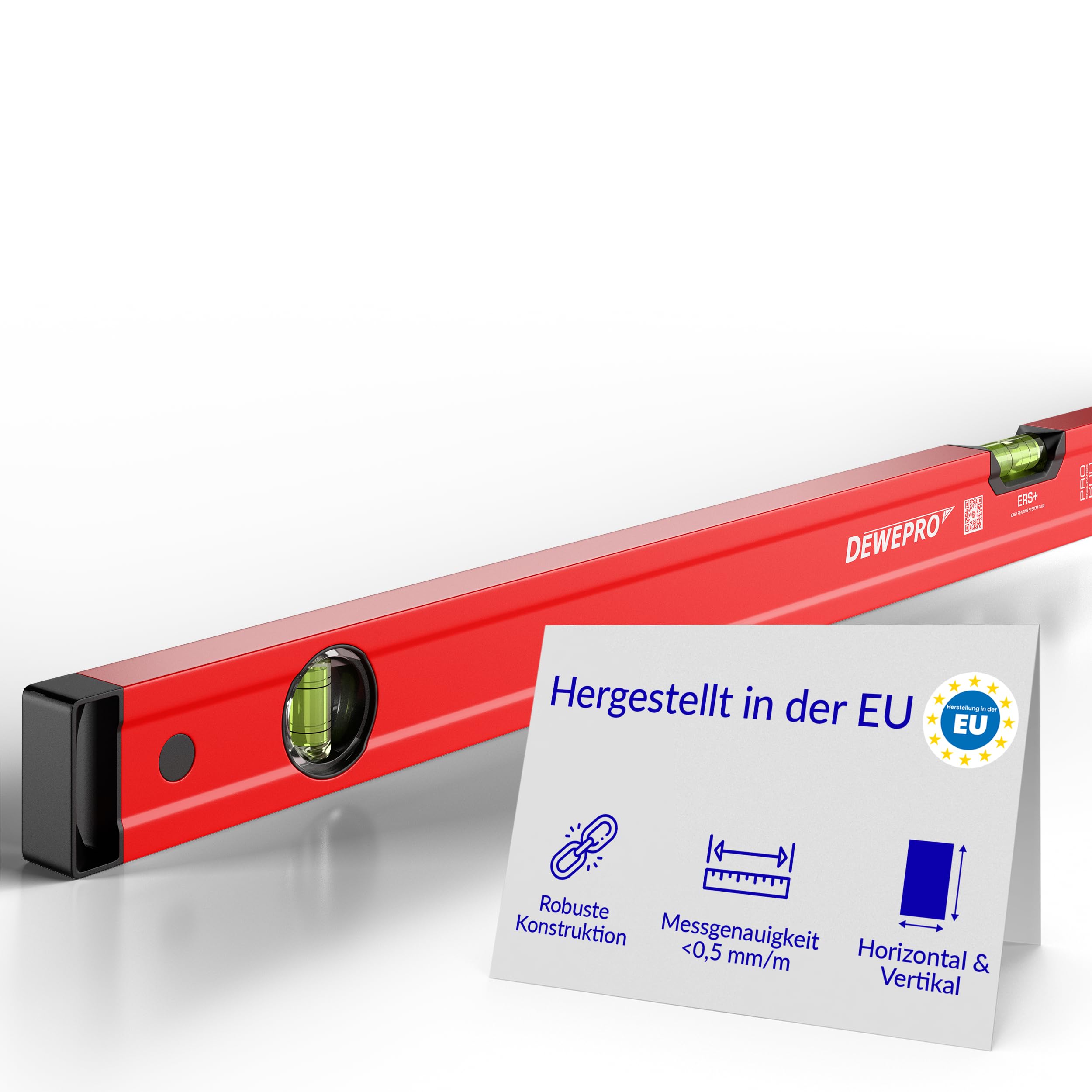 DEWEPRO Profi Wasserwaage Aluminium Rot 200 cm - Messgenauigkeit 0,5 mm/m | Robuste Alu-Wasserwaage mit 2 Blocklibellen, 49 x 22 mm Profil und schlagfesten Endkappen für exaktes Ausrichten.