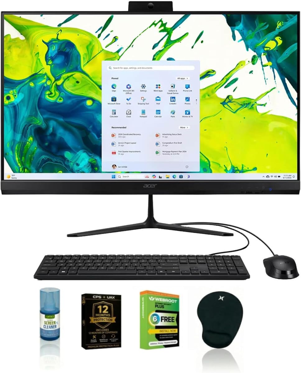 Acer Aspire C27 Escritorio todo en uno de 27 pulgadas Ryzen 5 7430U 16 GB RAM 512 GB SSD FHD IPS 120 Hz WiFi 6E Cámara web Bluetooth Windows 11 Paquete Antivirus Alfombrilla para mouse Limpiador de pantalla Garantía CPS de 24 meses