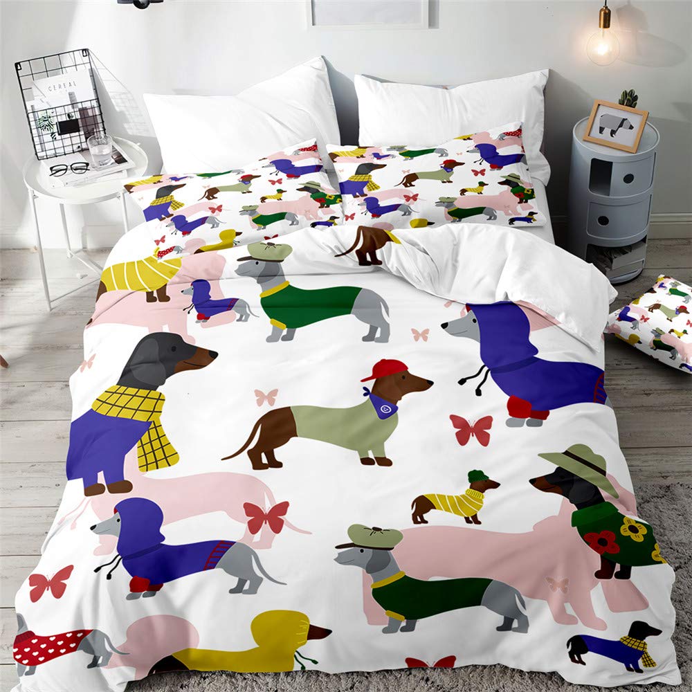 Surwin Dachshund Imprint 3 Piece Bedding Set, Polyester Microfibre Duvet Cover and Pillowcases (The Butterfly’s Puppy, 3 Pcs-150 x 200 cm)