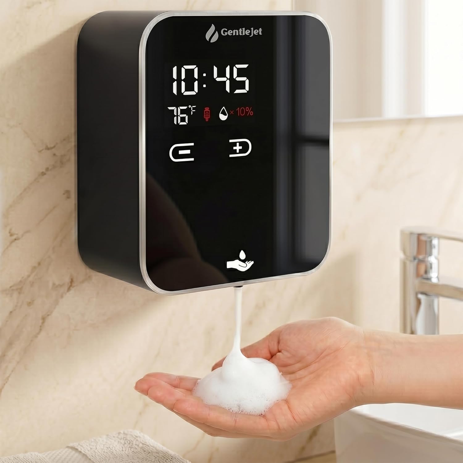GentleJet AuraJet Automatic Foaming Soap Dispenser Wall Mount – Touchless Sensor, LED Display, 5 Foam Levels, Rechargable USB-C or Battery Powered, Aluminum Alloy, 480 ml Refillable