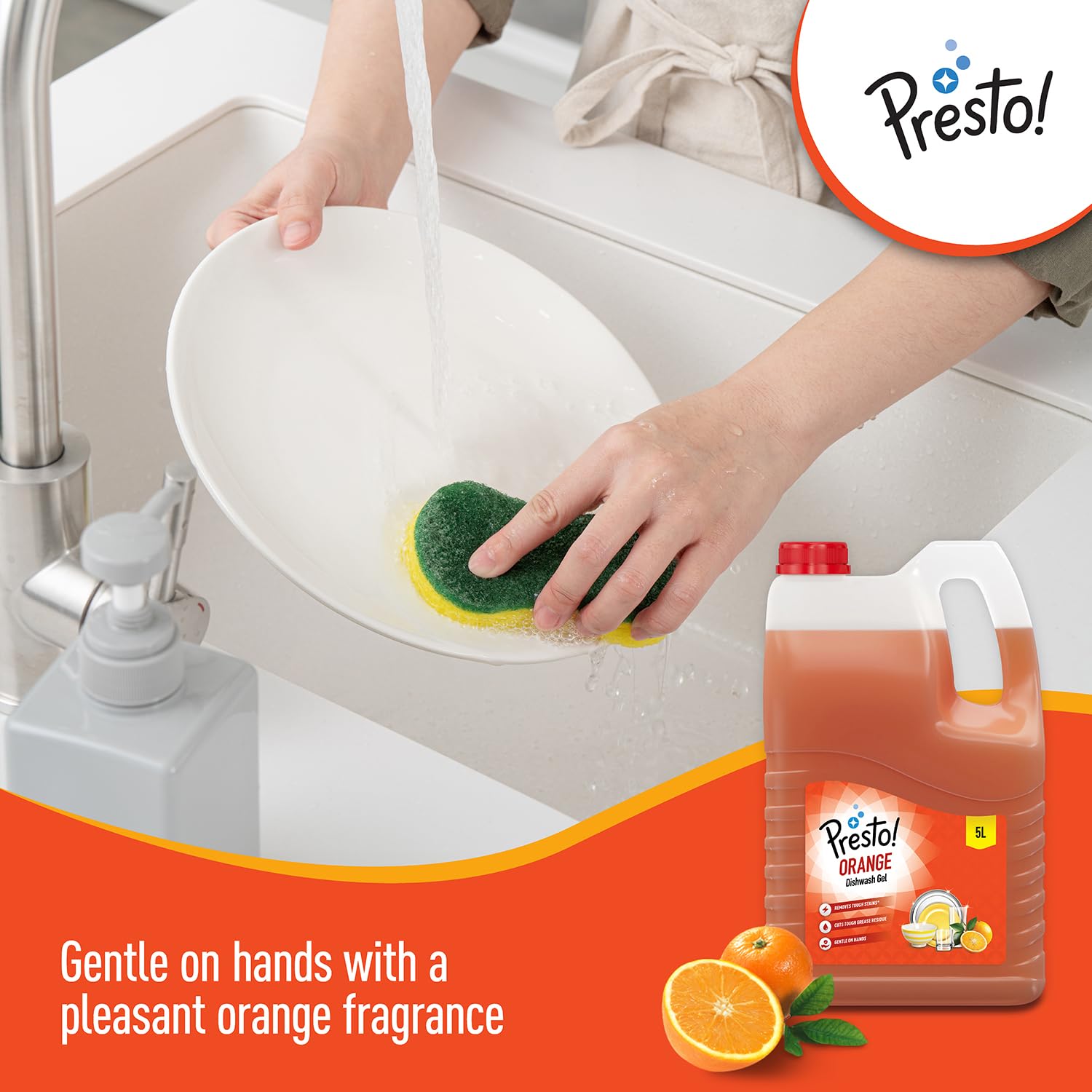 Amazon Brand - Presto! Dishwash Gel Refill Can, (Orange) - 5 Liter| Leaves No Residue and foul smell| Grease Cleaner For All Utensils |Super Saver Pack 2