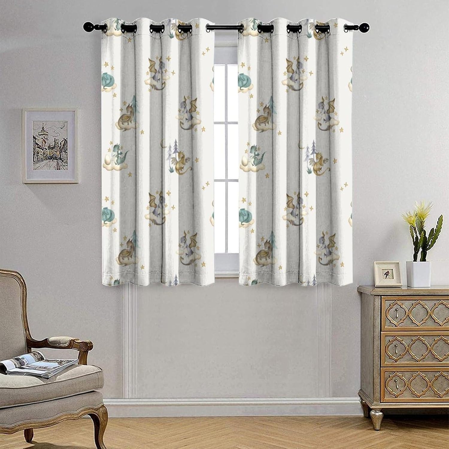 Watercolor Cute Baby Dragon Curtains - Fantasy Cartoon Mid Century Woodland Dragon Thermal Insulated Blackout Curtains - Grommet Top Window Treatment Drapes for Bedroom 63L x 27.5W,2 Panels