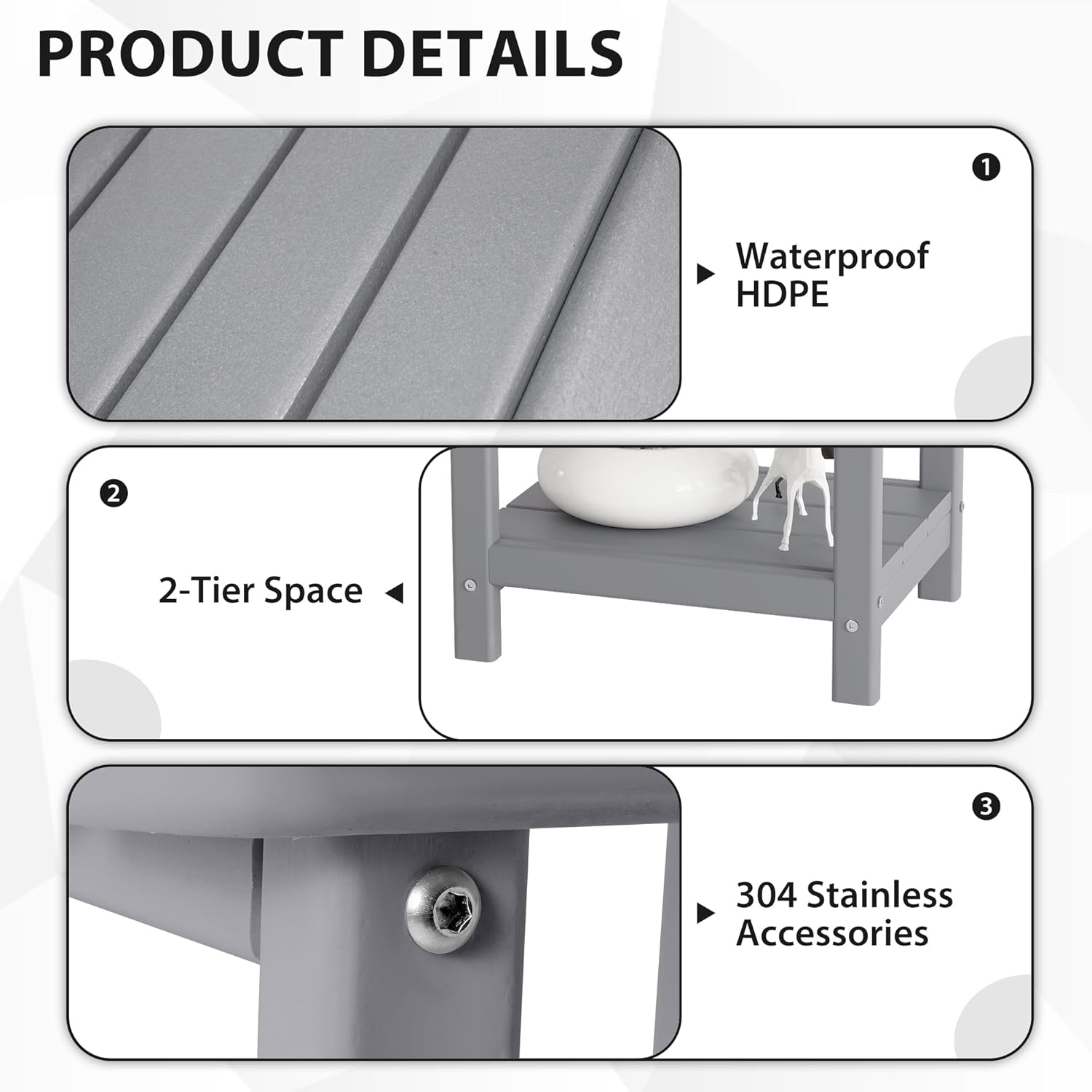 Sundale Outdoor 18" Small Side Table, Patio HDPE All Weather Small Adirondack End Table Water Resistant 2 Tier Rectangular Outside Table for Pool, Garden, Beach, Grey