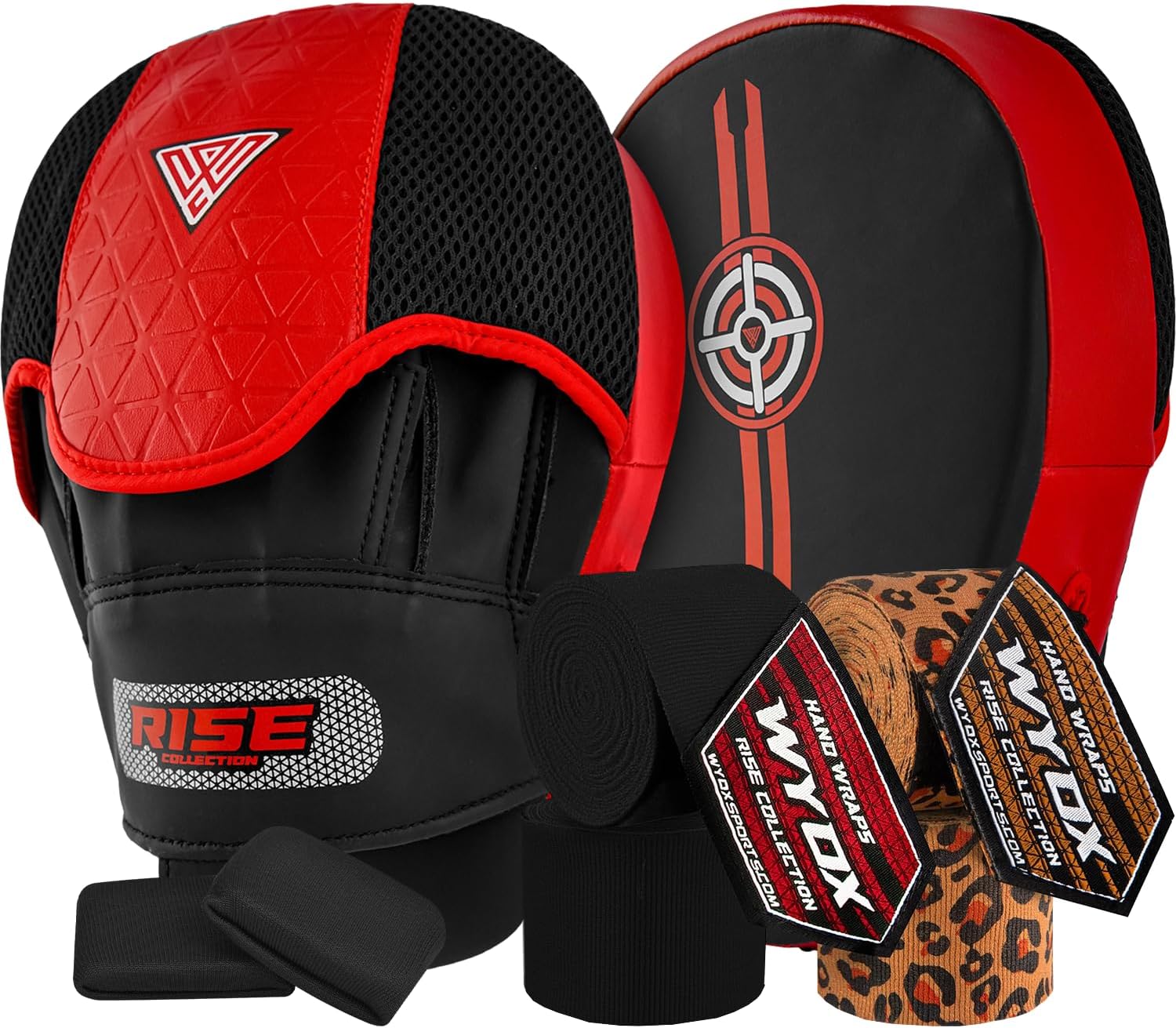 WYOX Focus Pads & Boxing Hand Wraps Combo – Complete Training Gear for Boxing, Kickboxing, MMA, Muay Thai, Karate, Martial Arts, Sparring, Fitness & Home Gym Workouts
