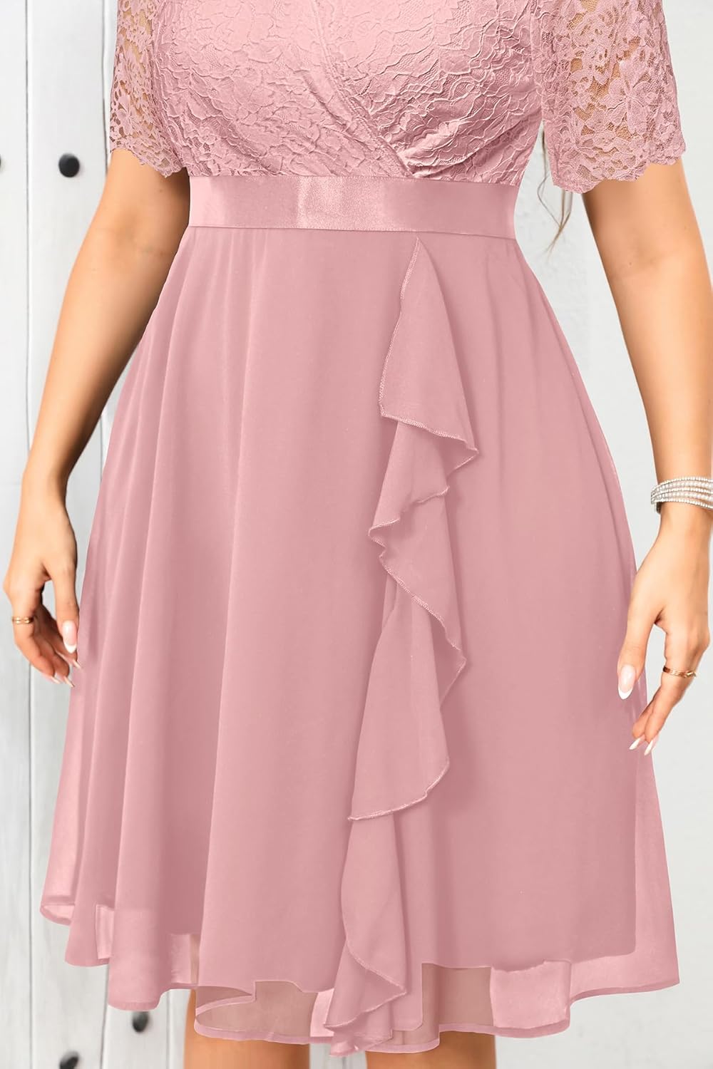Talisea Plus Size Wedding Guest Dress - Formal Cocktail Party Ruffle Elegant Tea Length Lace Chiffon V Neck Midi Dresses