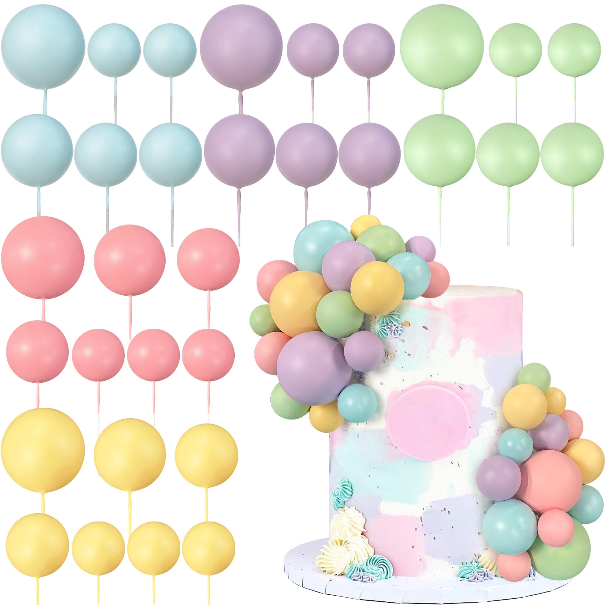 32 PCS Colorful Ball Shaped Cake Topper Pearl Balls Cupcake Cake Insert Topper for Birthday Party Wedding Decoration Supplies (Pink Yellow Blue Purple