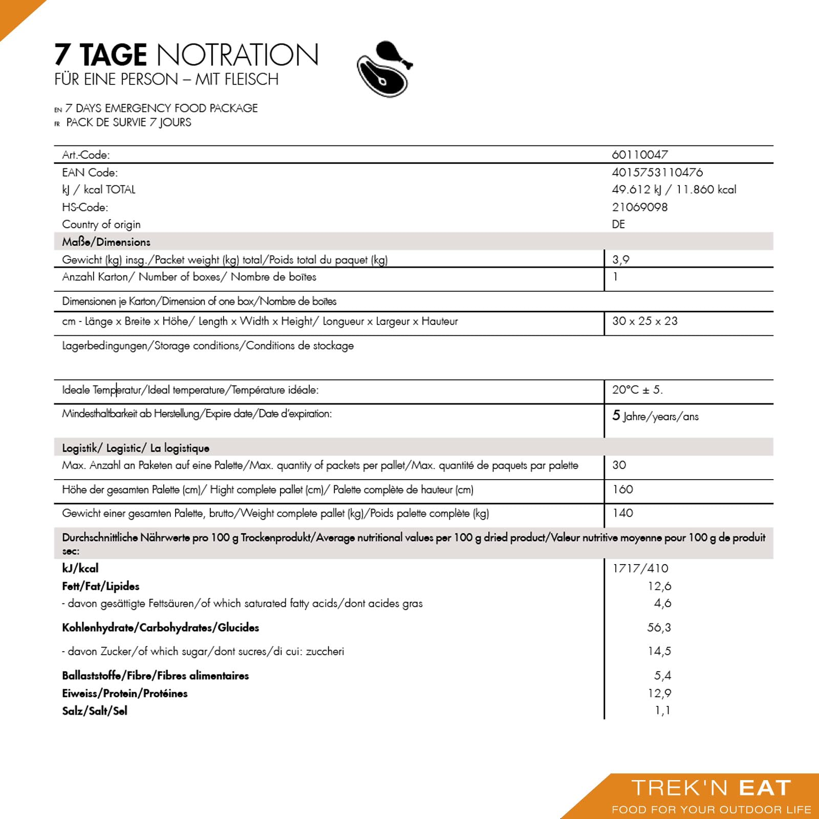 Trek’n Eat 7 Tage Notration mit Fleisch – Komplettes Notfallnahrung Set für 1 Woche | ca. 11.860 kcal Gesamtenergie | Krisenvorsorge, Blackout, Prepper & Survival Food | 5 Jahre haltbar