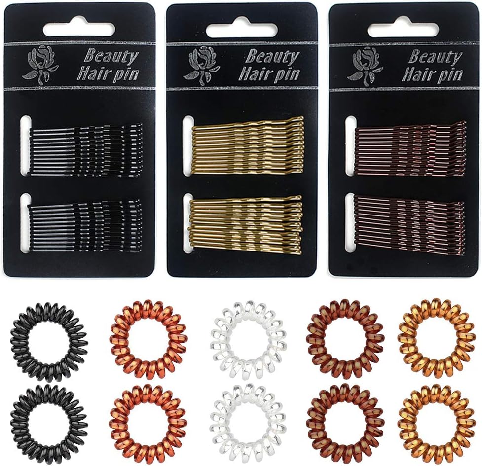 Spiral Hair Coils Elastic Hair Ties Ponytail Holders Styling Bobby Pins No-slip Hair Pin Hair Accessory Set for Girls and Women, Gold, Coffee, Transparent, Black (82 Count)