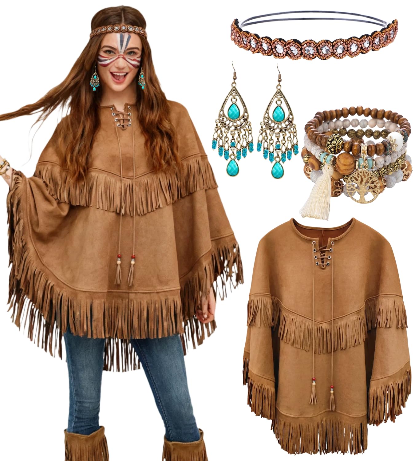 kasahara Hippie Umhang Indianerin-Themed Poncho Kostüme mit Fransen Western Cowboy Cowgirl Outfit für Karneval Fasching Fastnacht Halloween Festival Mottoparty