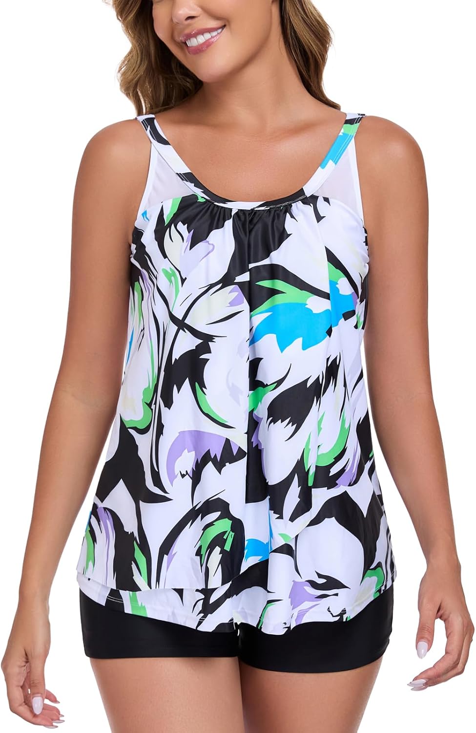 Ocean Blues Women's High Neckline Tankini Sets Tummy Control Two Piece Bathing Suits Loose Fit Swim Tank Top with Boyshorts