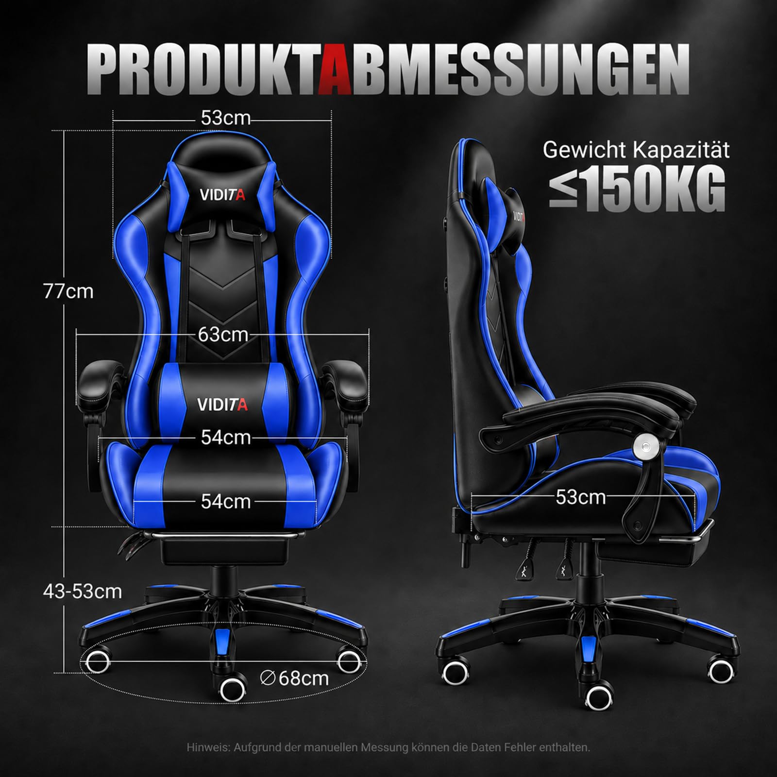 Ergonomischer Gaming Stuhl mit Fußstütze, verstellbarer Gaming Chair mit Lendenkissen, Kopfstütze & 135°Rückenlehne, drehbarer Bürostuhl für Büro, Homeoffice & Zocken mit Komfort,Schwarz & Blau, 150kg
