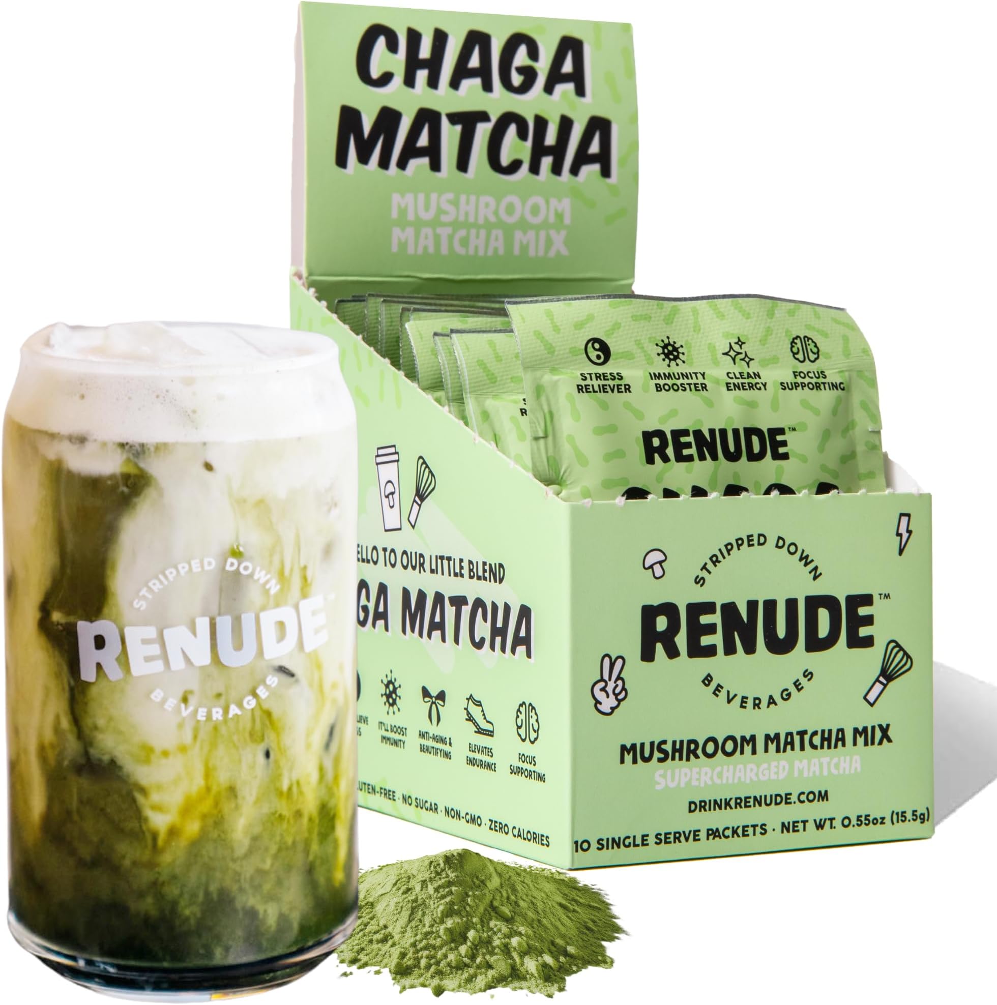 Renude Chaga Matcha Superfood Mushroom Matcha Blend w/Adaptogens | Ceremonial Matcha, Wild-Foraged Chaga, Cacao, Cinnamon, Monk Fruit | Clean Energy & Immune Support | Vegan & Keto (10 Serving)