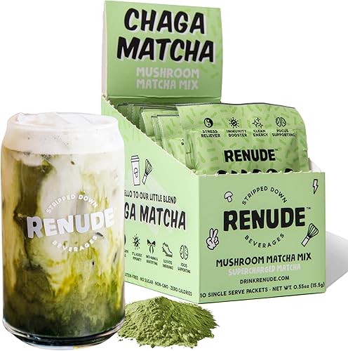 Renude Chaga Matcha - Polvo de hongos Chaga, mezcla de bebida superalimentaria con adaptógenos, matcha de hongos de grado ceremonial, keto, vegano,
