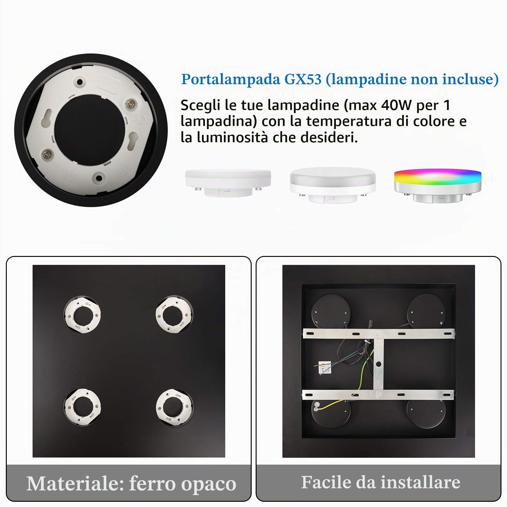 Klighten Plafoniera Soffitto con 4 Attacco GX53, Lampada da Soffitto Quadrata In Ferro, Faretti Soffitto per Soggiorno Cucina Corridoio Camera da Letto, 40 x 40 cm, Nero, Lampadina Non Inclusa