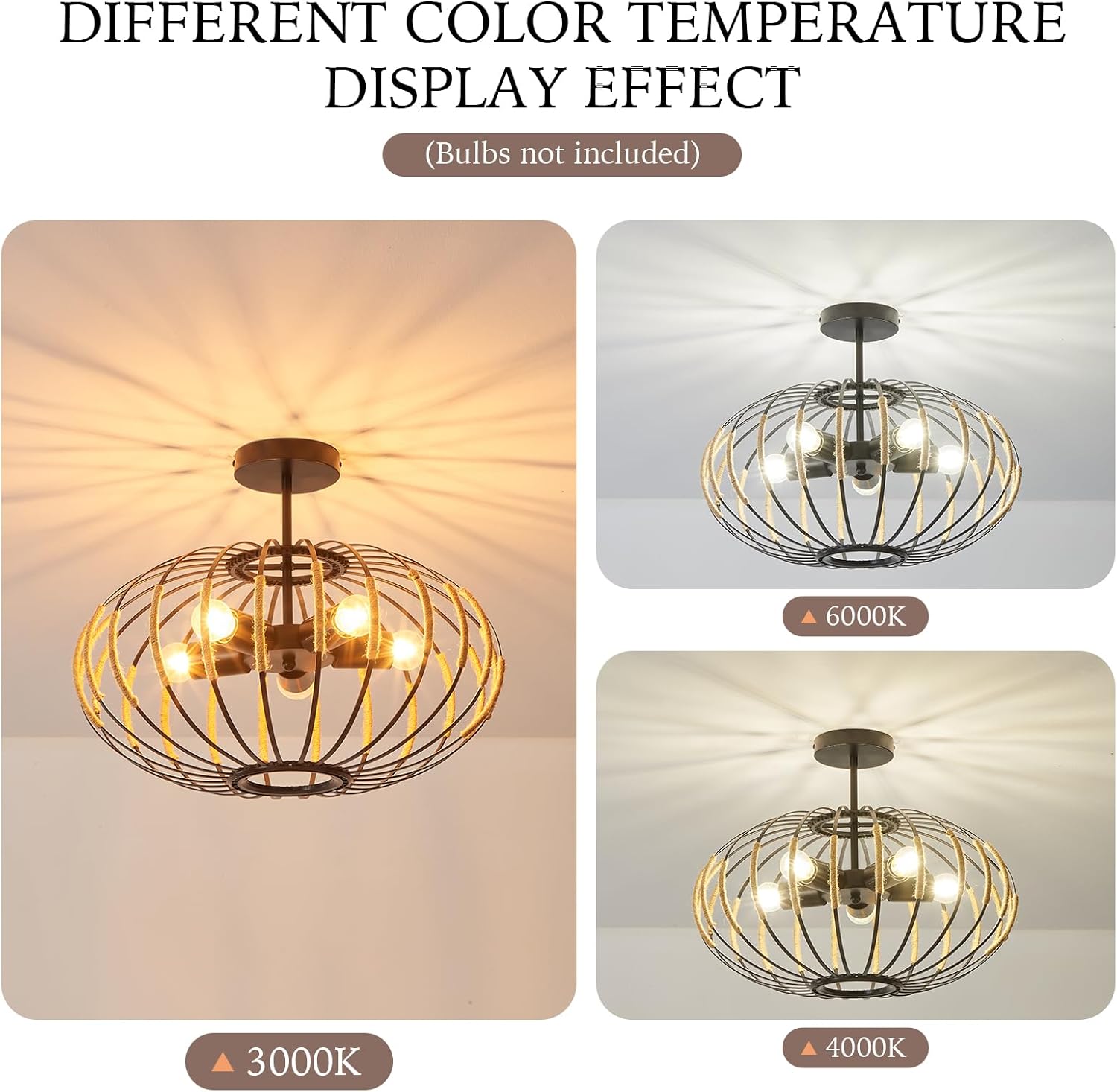 Modern Black Semi Flush Mount Ceiling Light, Rattan Industrial Chandelier for Dining Room,Living Room,Bedroom,Hallway,Kitchen,Bar 5-Light