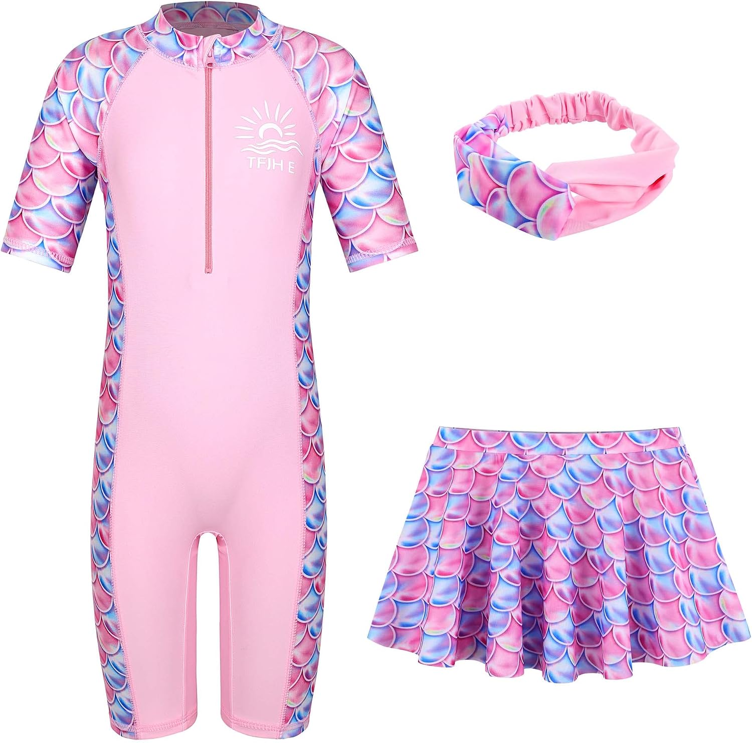 TFJH E 3 in 1 Sets Girls Swimsuits Short Sleeve Rashguard Suit UV 50+ Princess Swimwear Dress Skirt Zip 3-12Y