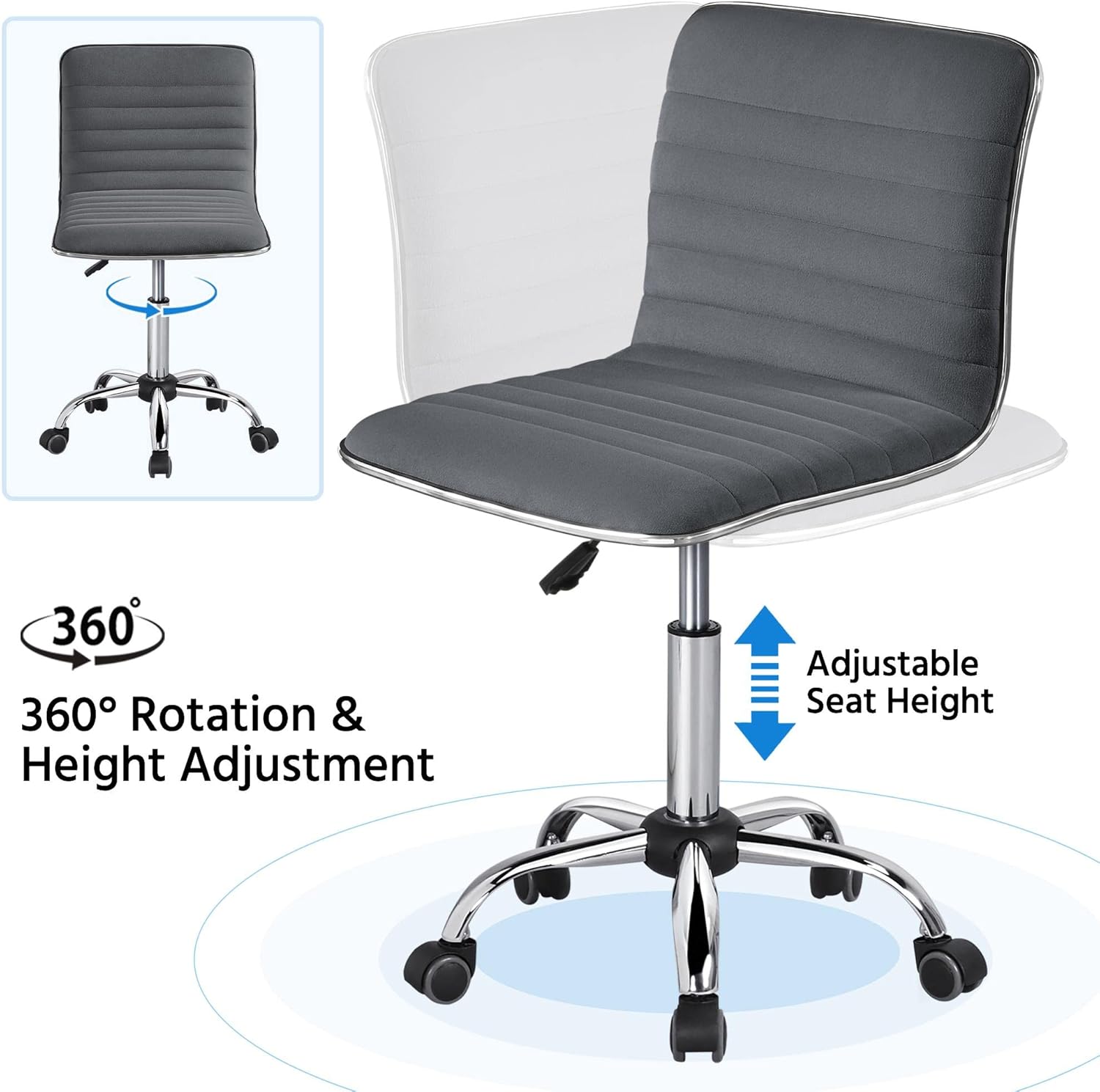 Three-step assembly diagram for the office chair. Step 1 shows attaching wheels to the base and inserting the gas lift. Step 2 shows attaching the seat to the gas lift. Step 3 shows the fully assembled chair.