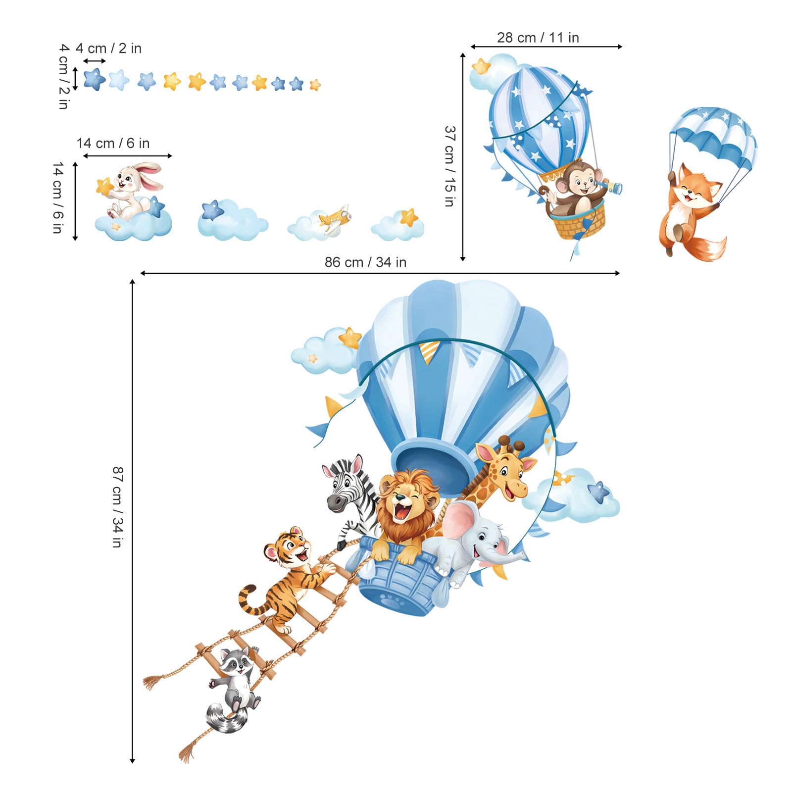 decalmile Stickers Muraux Animaux Montgolfière Bleu Autocollant Mural Lion Éléphant Singe Nuages Étoile Décoration Murale Chambre Salle de Jeux Bébé Pépinière - 4