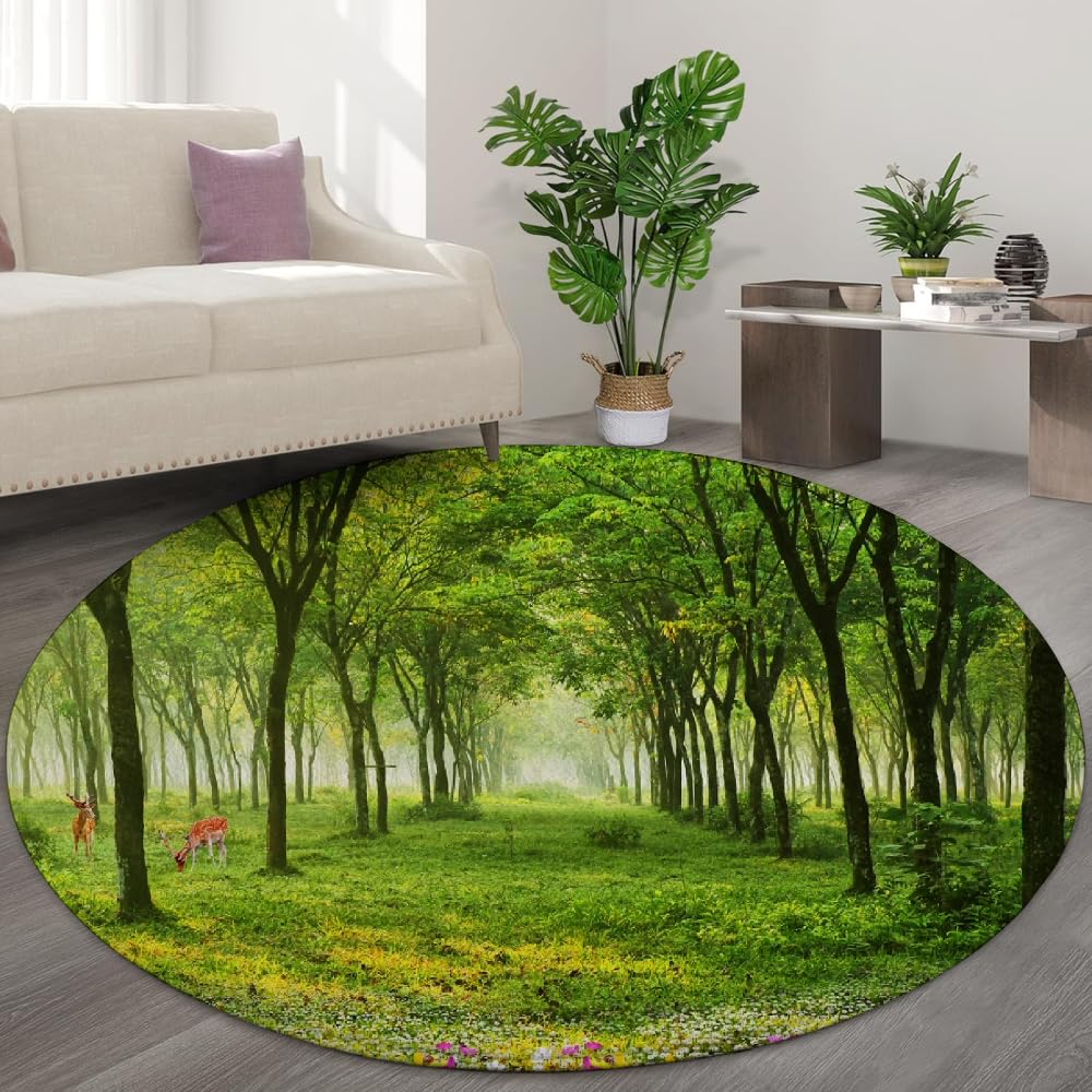 Tapis rond 3D forêt et route en trompe l'œil 120cm antidérapant pour chambre d'enfant