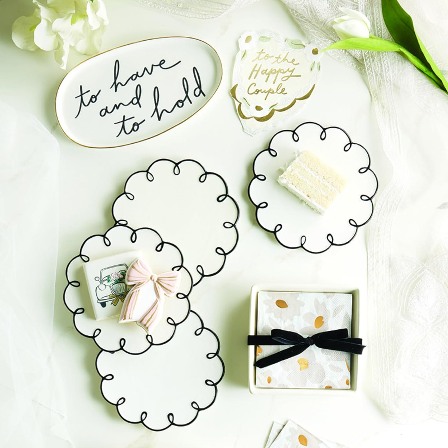 Santa Barbara Design Studio Appetizer Plate Set - 6" Ceramic Dessert Plates with Scalloped Edge, 4-Count, Black Trim