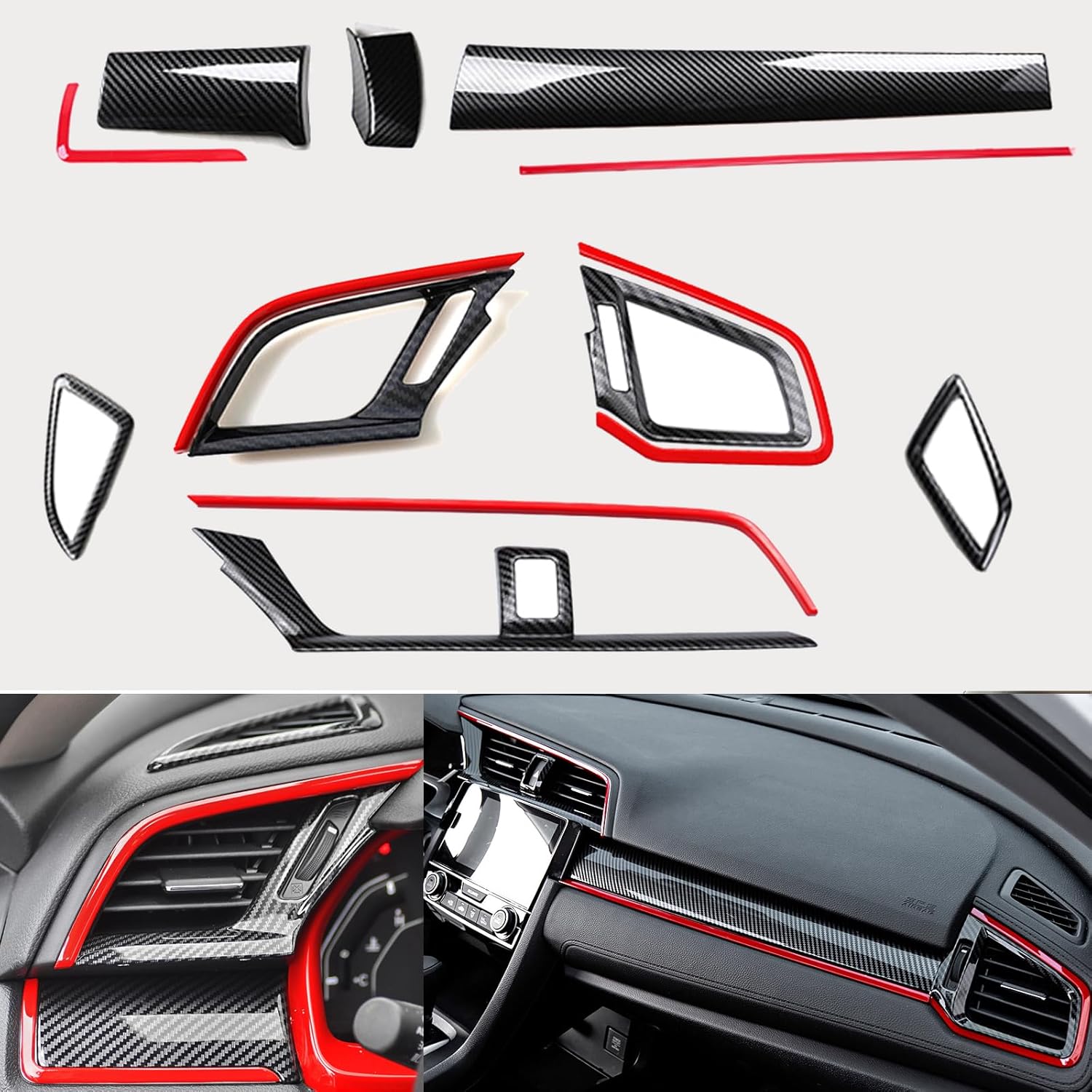 for Honda 10th Gen Civic 2016 2017 2018 2019 2020 ABS Carbon Fiber Car Interior Center Consoles Instrument Panel Stickers Dashboard Cover Trims Strips Air Vent Accessories