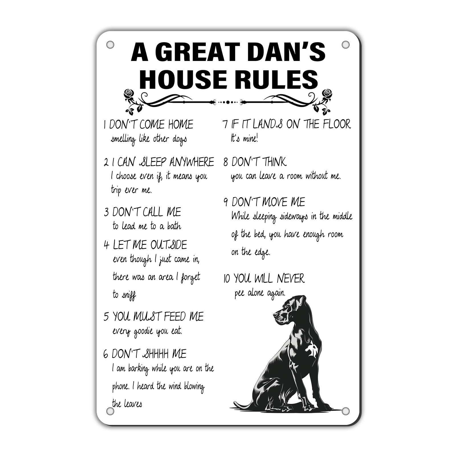 Anceky Tin Sign A Great Dane‘s House Rules Metal Signs Funny Wall Decor for Office Yard Fence Home Cafe 12×8 Inch