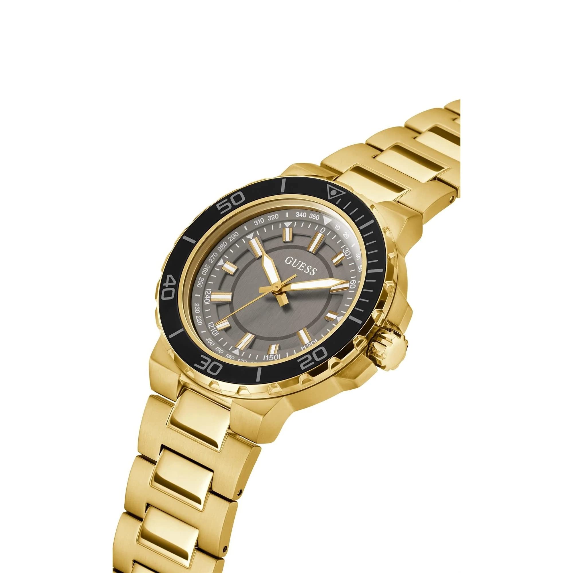 GUESS Reloj deportivo para hombre inspirado en el buceo de 44 mm, esfera negra y caja de acero inoxidable en tono plateado