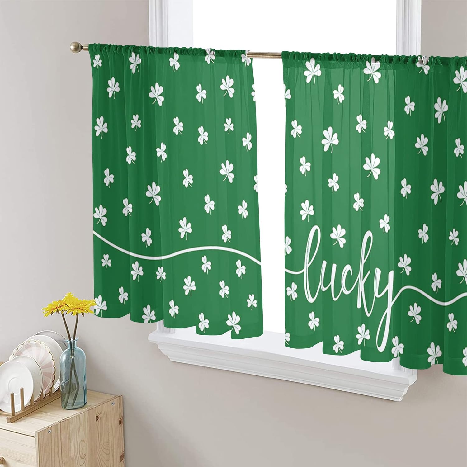 Semi Sheer Curtains 54 inch Length for Living Room Rod Pocket Light Filtering Drapes, St. Patrick's Day Lucky Clover Spring Shamrock Green Window Treatments Curtains for Bedroom Kitchen Decor,2 Panels