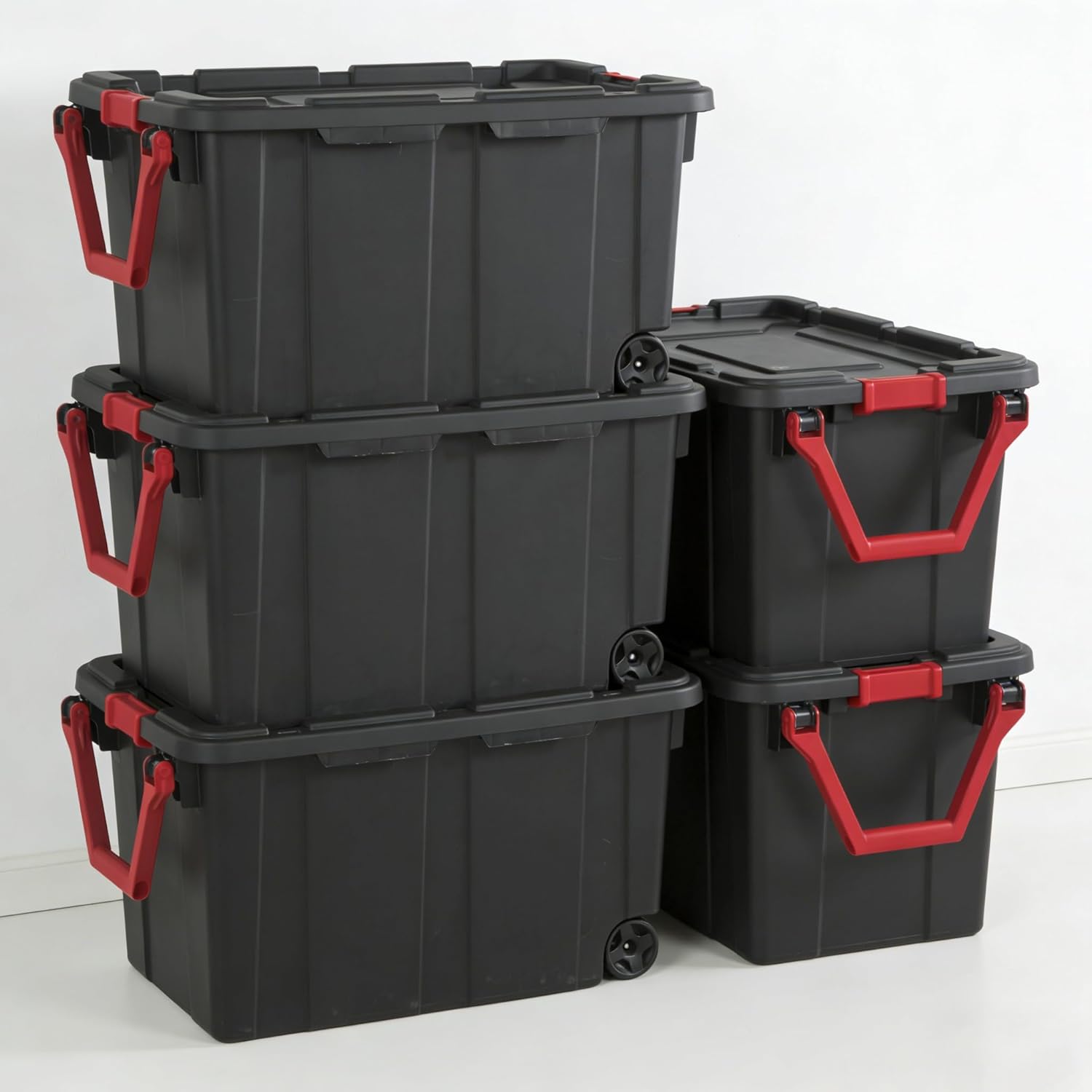 2-Pack 40 Gallon Heavy-Duty Stackable Storage Bins with Secure Lids & Smooth-Rolling Wheels – Organizing Containers for Home, Garage, Office & Basement (Black)