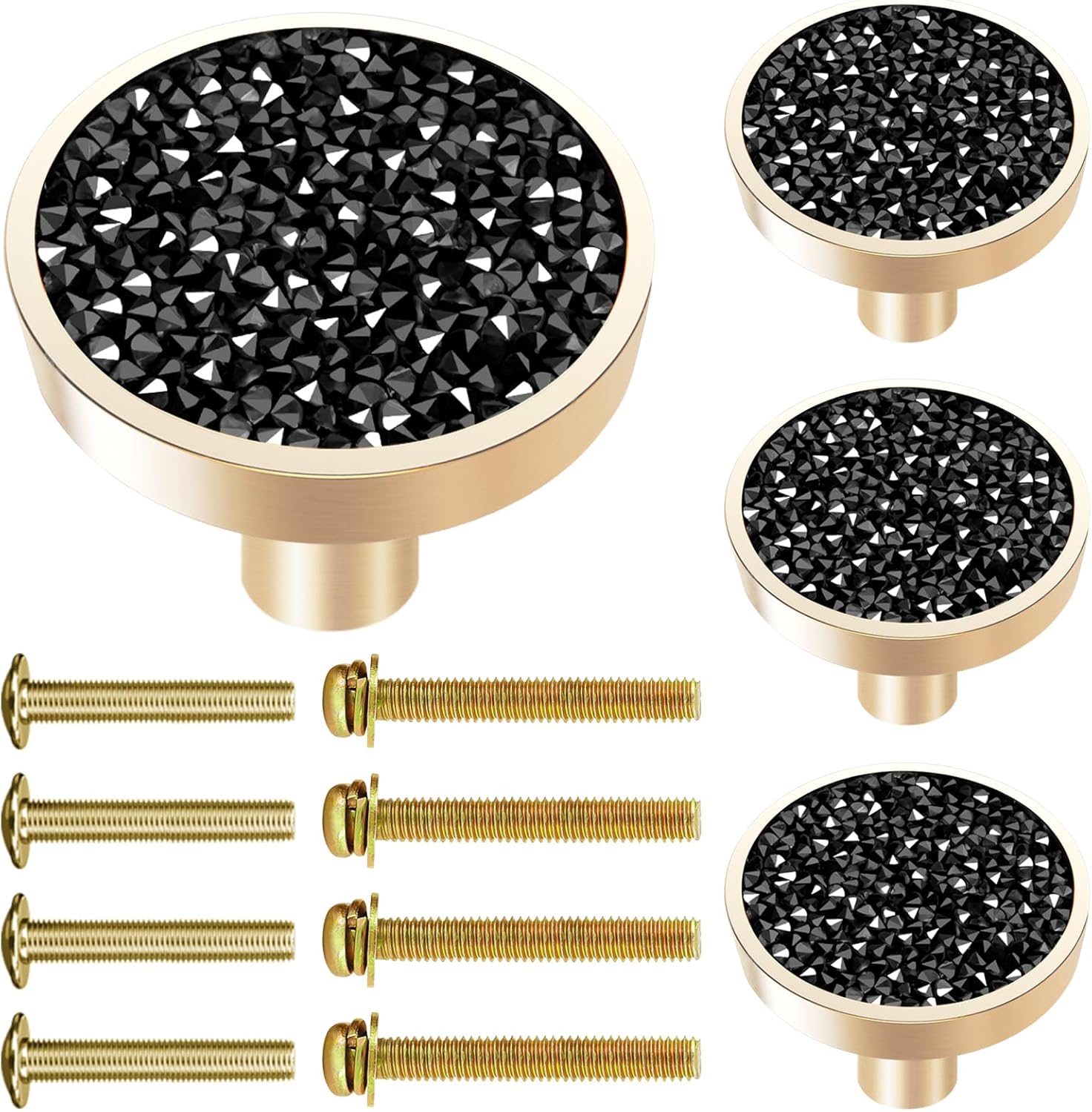 4Pcs Round Cabinet Drawer Knobs Brass Decorative, 1.25" Polished Cabinet Handles, Gold Knobs for Dresser Jewelry Box Drawers, Pulls for Kitchen Bathroom Cabinets Door Knobs Hardware-Black Grey Diamond