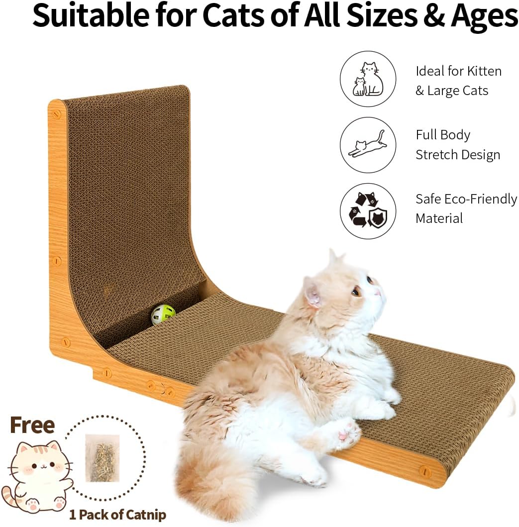 L-Shape Cat Scratcher， 23 Inch Double-Sided High Density Corrugated Cat Scratch Pad, with Rolling Ball & Catnip, Multi-Angle Furniture Protector, Indoor cat use, Large Size.