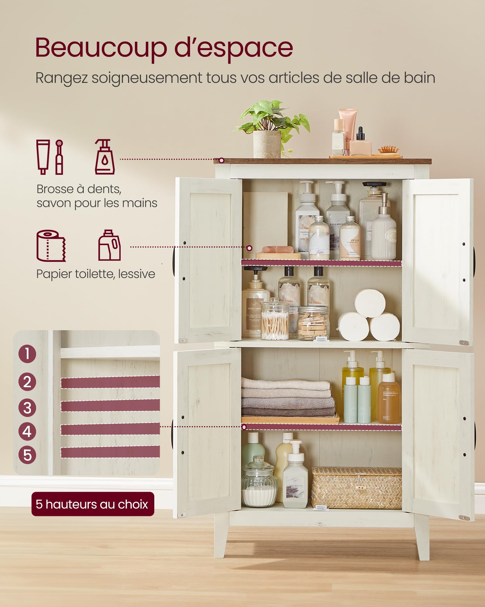 VASAGLE LIRY Collection – Armoire de Rangement avec Portes de Grange, Buffet Haut, Style Ferme, pour Cuisine, Salle de Bain, Salon ou Salle à Manger, Étagères Réglables, Blanc Rustique BBK773W01