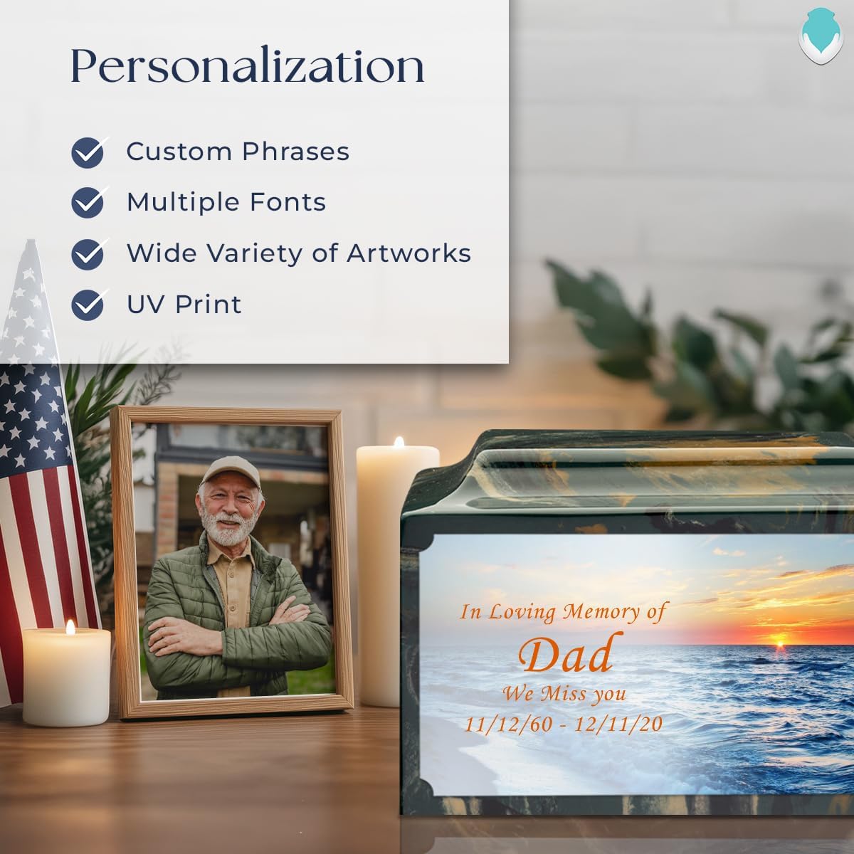 GetUrns Cultured Marble Urn Vault by Mackenzie with Personalized Ocean Sunset and Text for Human Ashes I Camo Adult Urns for Male and Female I 210lbs