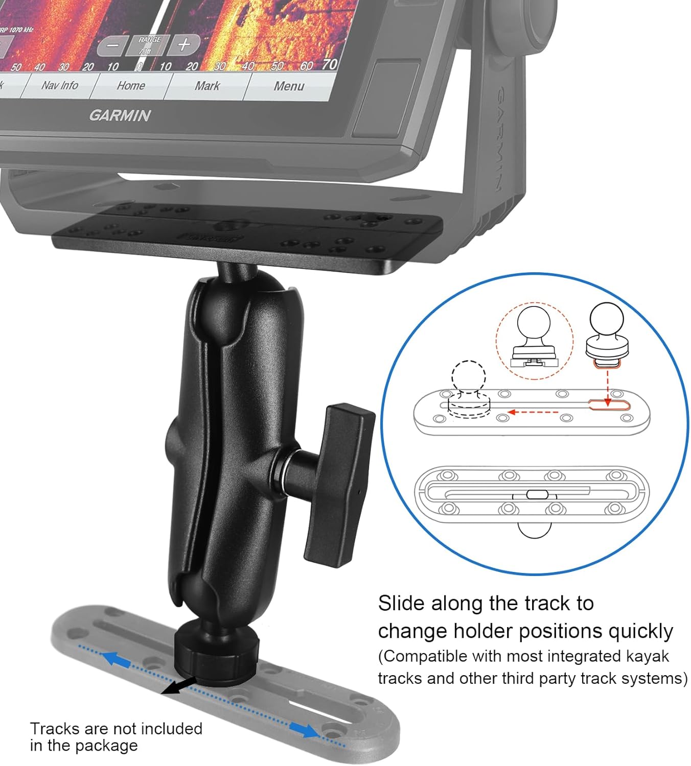 Aluminum Fish Finder Mount with T-Bolt Track Ball, Depth Finder Mount with 1.5"/C Size Ball for Boat/Kayak Track, Marine Electronic Stand, Compatible with Garmin, Lowrance, Humminbird and More