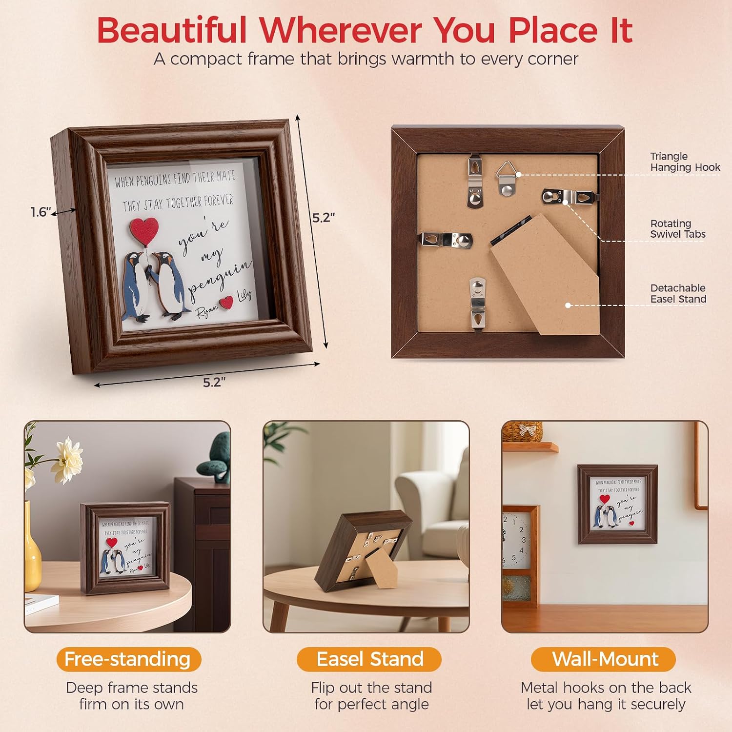 Condition photo showing New/Like New for valentines day gifts for him her - positive penguin shadow box frame - anniversary birthday gifts for men women boyfriend girlfriend husband wife, couple valentines gift, i love you gift for him her penguinbn