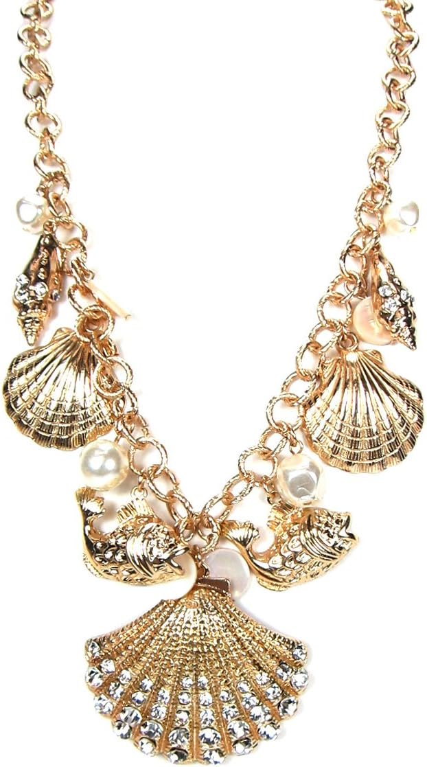 Women Fashion Summer Spring Gold Ocean Inspired Nautical Theme Sea Shells Fishes Pearl Crystals Statement Necklace Set