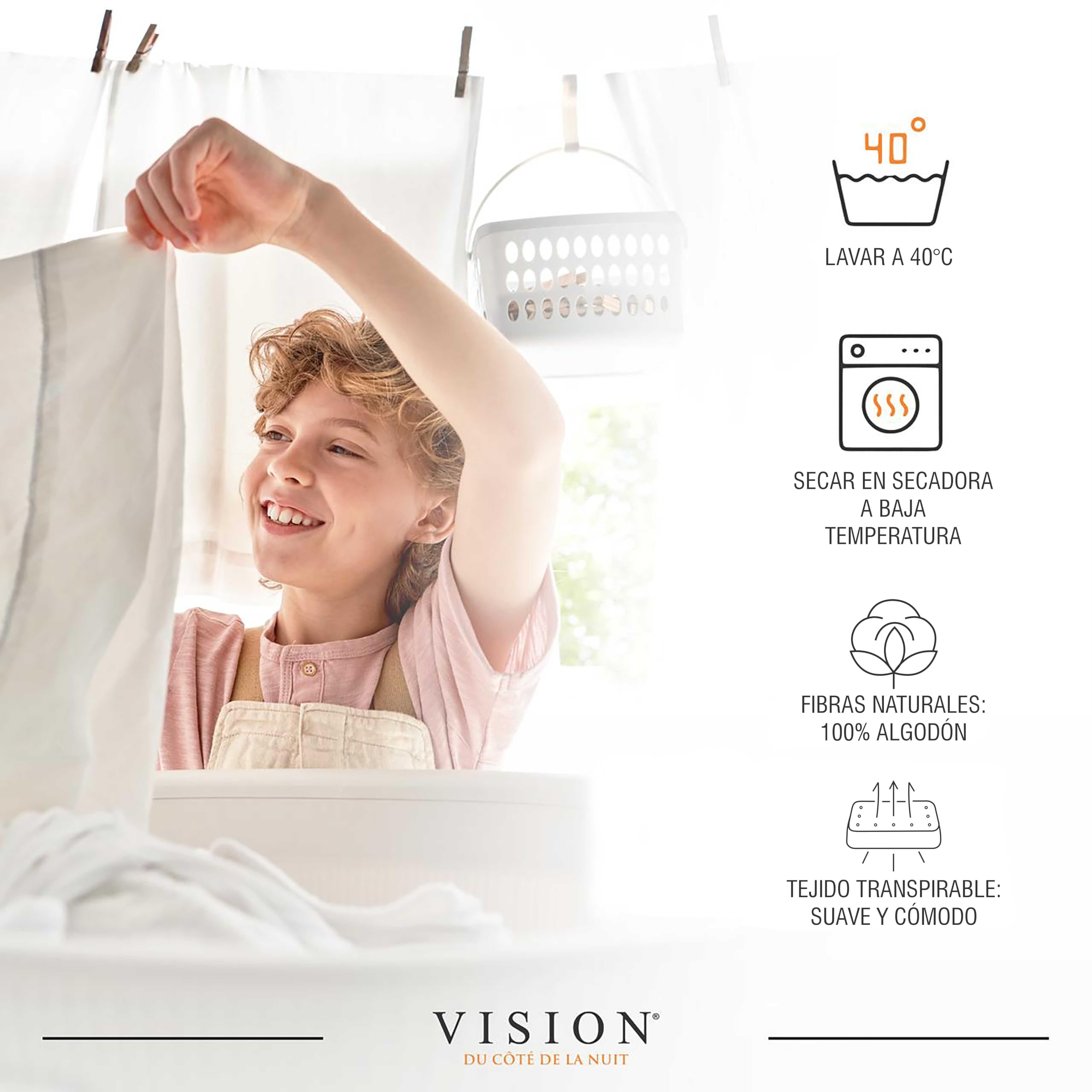 VISION Sábana Ajustable - 100% algodón - Cama Doble (150 x 200 cm) - Esquinas elásticas - Se Adapta a colchones de hasta 30 cm - Certificación Oeko-Tex - Lavable a máquina - Color: Blanco — view 5