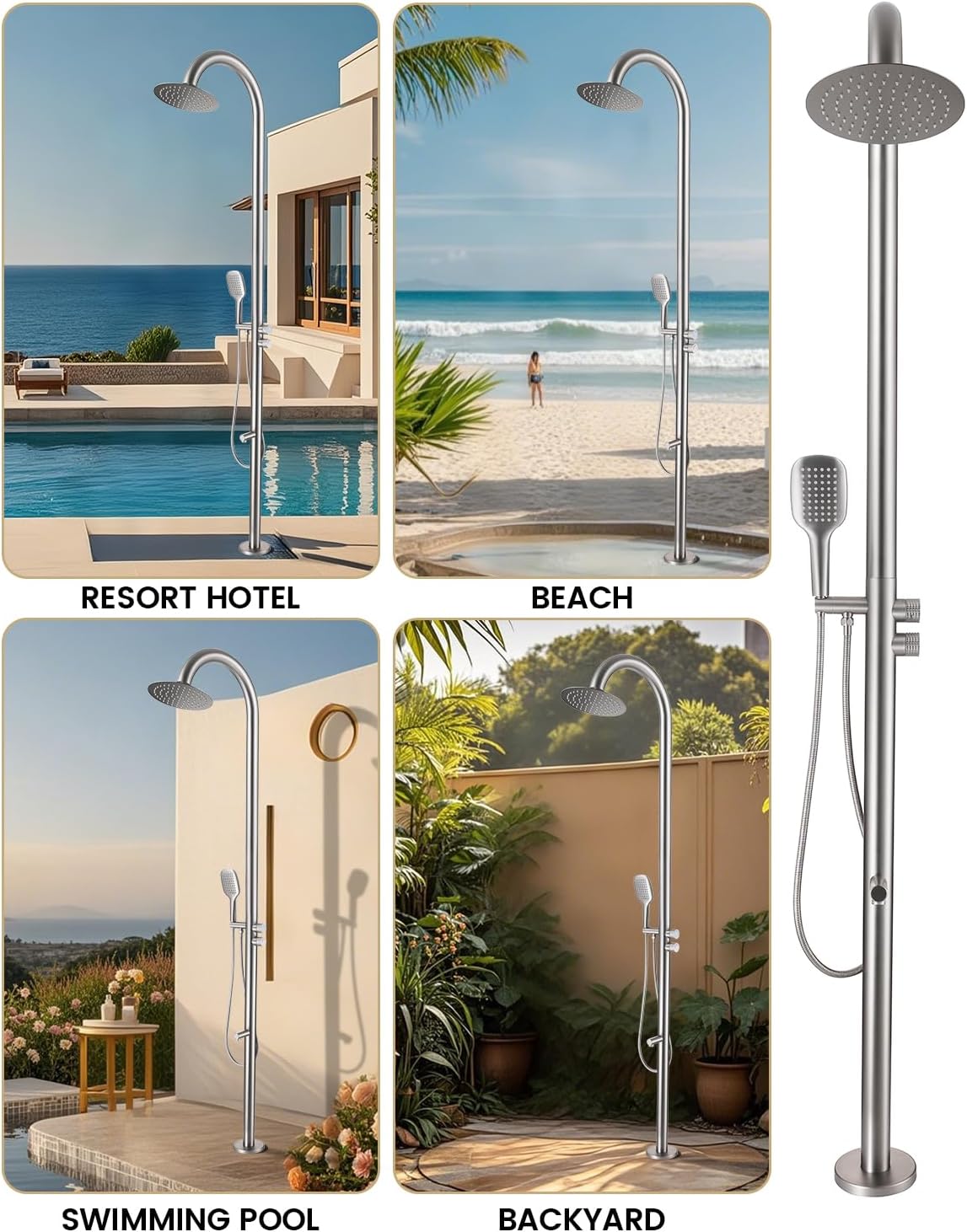 316 Marine Grade Stainless Steel Free Standing Outdoor Shower with Foot Wash, 3-Function Nickel Shower Kit with 10''Rain Shower Head,Outdoor Shower Fixture for Backyard Beach Poolside