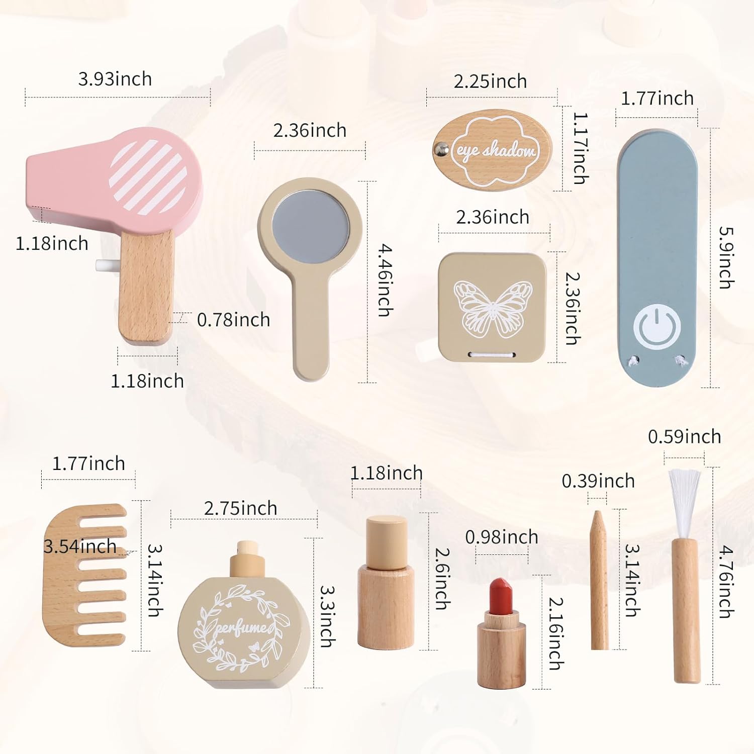 OESSUF Wooden Makeup Toy Sets for Girls, Toddlers Fake Makeup Kit, Pretend Wood Beauty Salon Toys for Kids Little Girls Princess, Christmas Birthday Gift Toy for 3 4 5 6 7 8 9 10 Year Old