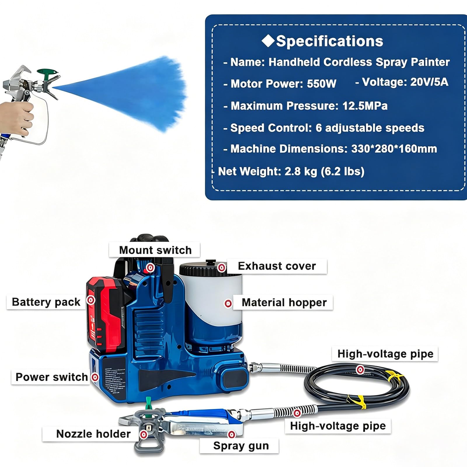 Pulverizador de Pintura Airless inalámbrico de 550 W, Pistola de Pintura eléctrica portátil, 6 velocidades, para Pinturas de látex, Uso Comercial y residencial. Blue-TwoBatteries