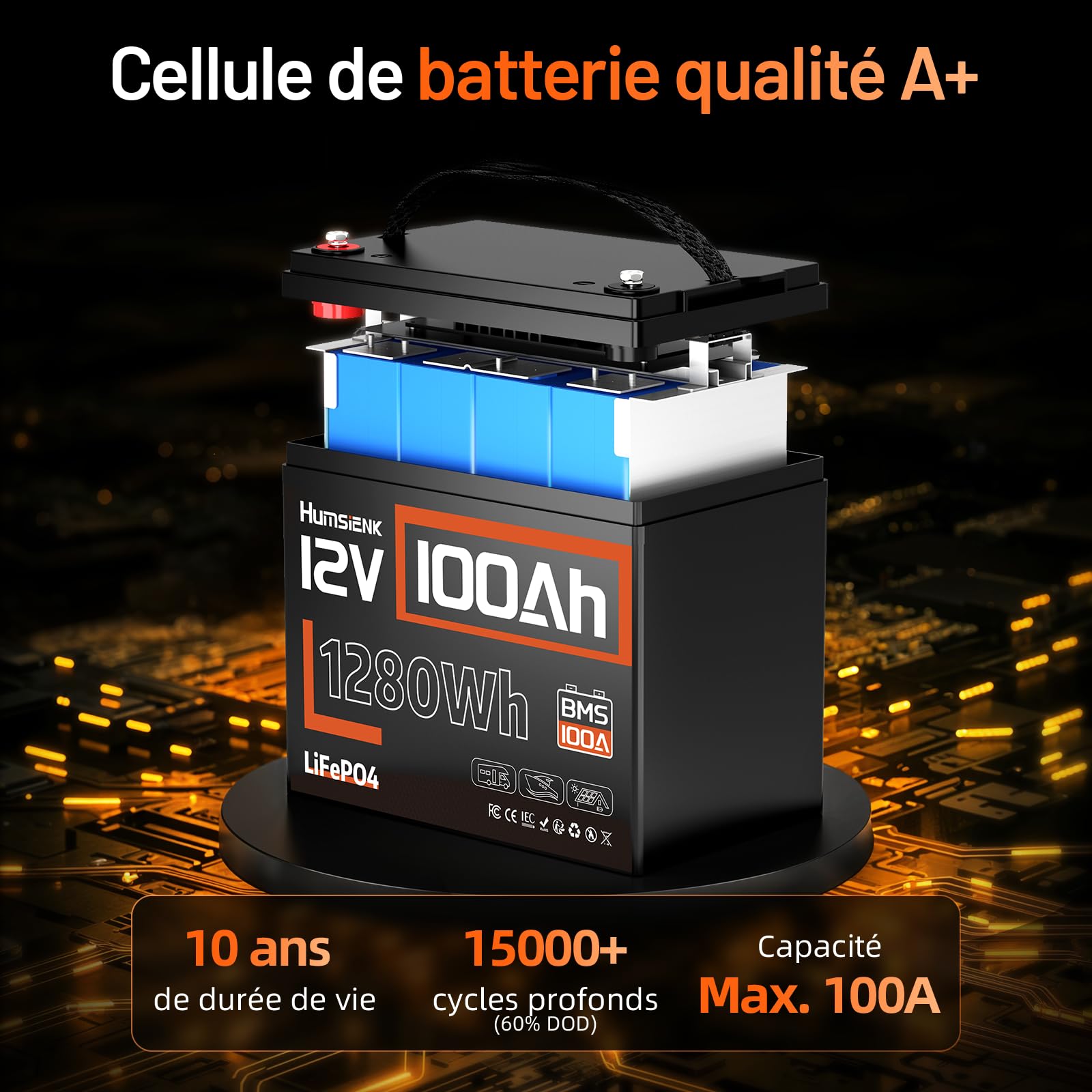 HumsiENK Lot de 3 Batteries Lithium LiFePO4 12V 100Ah, 1280Wh avec BMS Intelligent 100A, 15000 Cycles, Longue Durée 10 Ans, pour Camping-Car, Stockage Énergie Solaire, Systèmes Hors Réseau et Bateaux