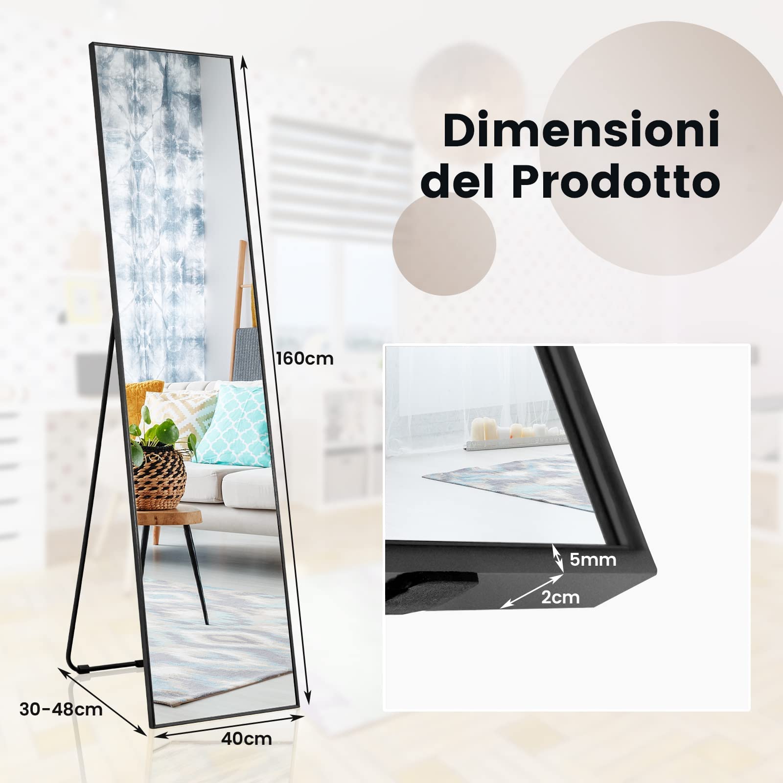 RELAX4LIFE Specchio indipendente 160×40cm, specchio a tutta lunghezza con vetro infrangibile e cornice in lega di alluminio, specchio da parete per soggiorno, camera da letto e guardaroba (nero)