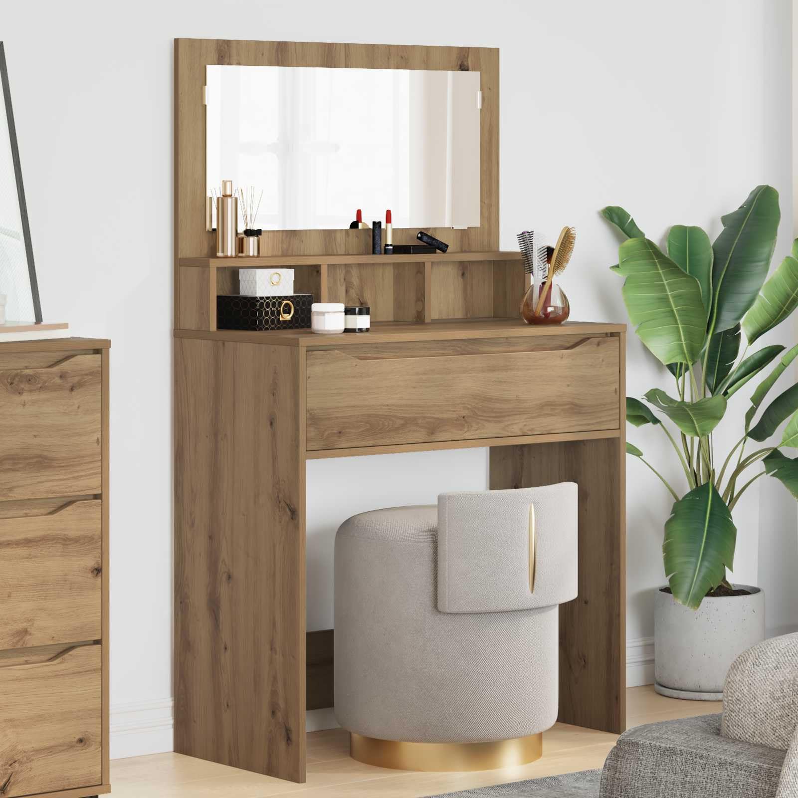 Tavolo da trucco in legno ingegnerizzato rovere artigianale con specchio piano e cassetto silenzioso, mobiletto consolle per camera da letto, postazione make up salvaspazio funzionale
