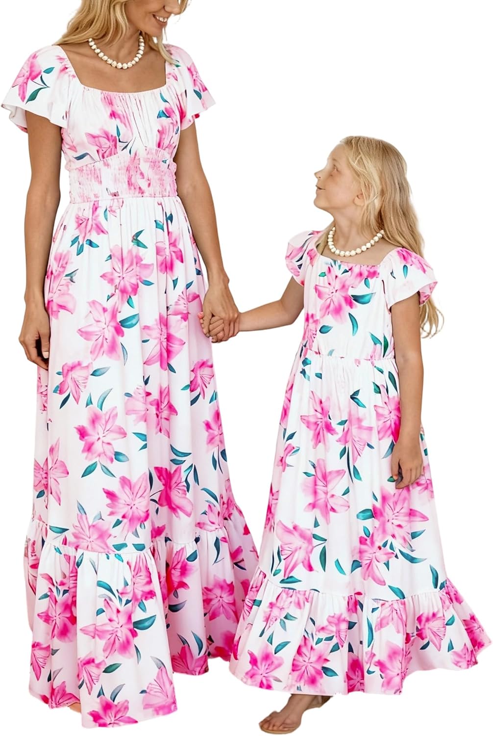 Mommy and Me Matching Dress Summer Floral Boho Beach Maxi Dresses with Pockets for Mother's Day