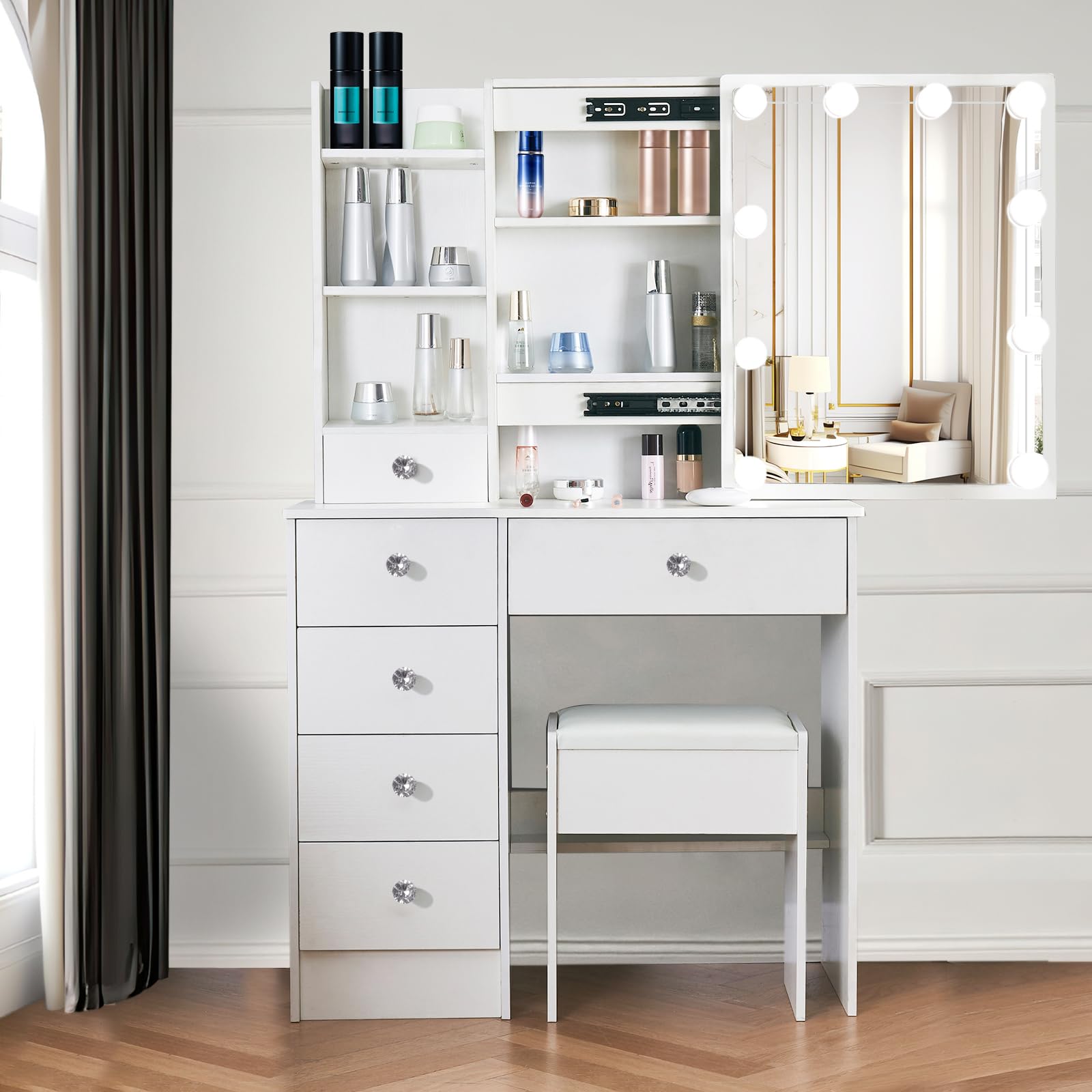 Tavolo da toeletta con illuminazione a LED, tavolo da toeletta con specchio per trucco, tavolo cosmetico con specchio, 3 colori con luminosità regolabile - M39