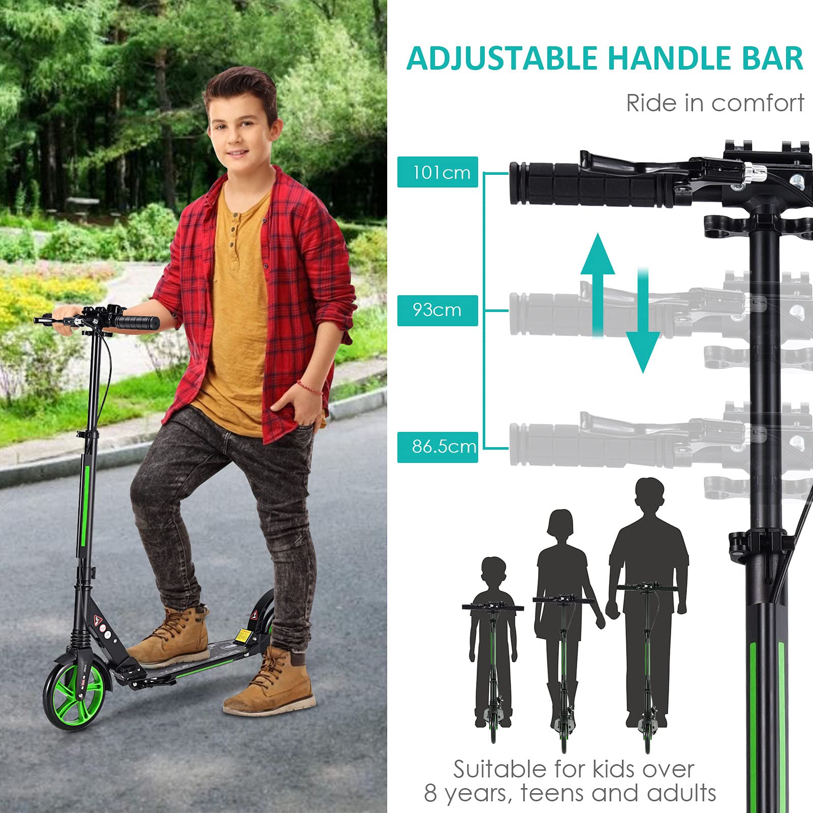 COSTWAY Kickscooter z dzwonkiem i podstawką, hulajnoga z regulacją wysokości, kick scooter składany, hulajnoga miejska obciążalna do 100kg, hulajnoga z pasem nośnym, dla dzieci i dorosłych