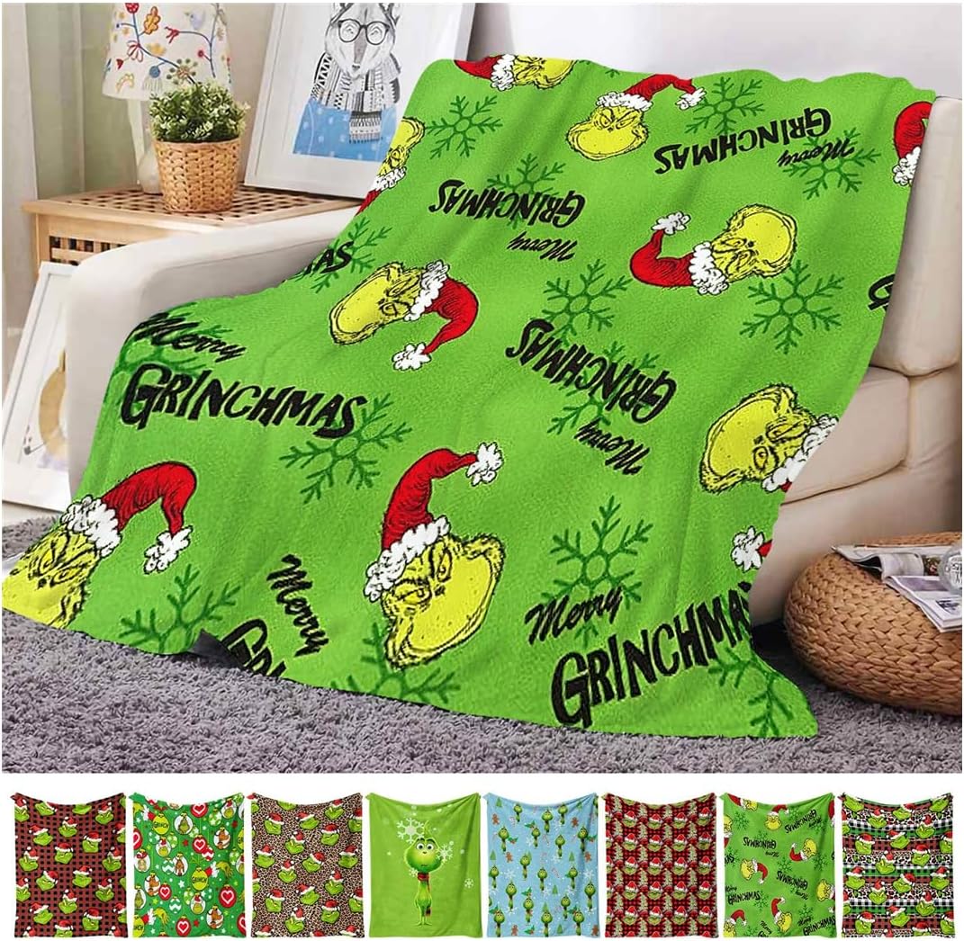 HWZQDJ Christmas 𝙶𝚛𝚒𝚗𝚌𝚑 Blanket Super Soft Flannel Fleece