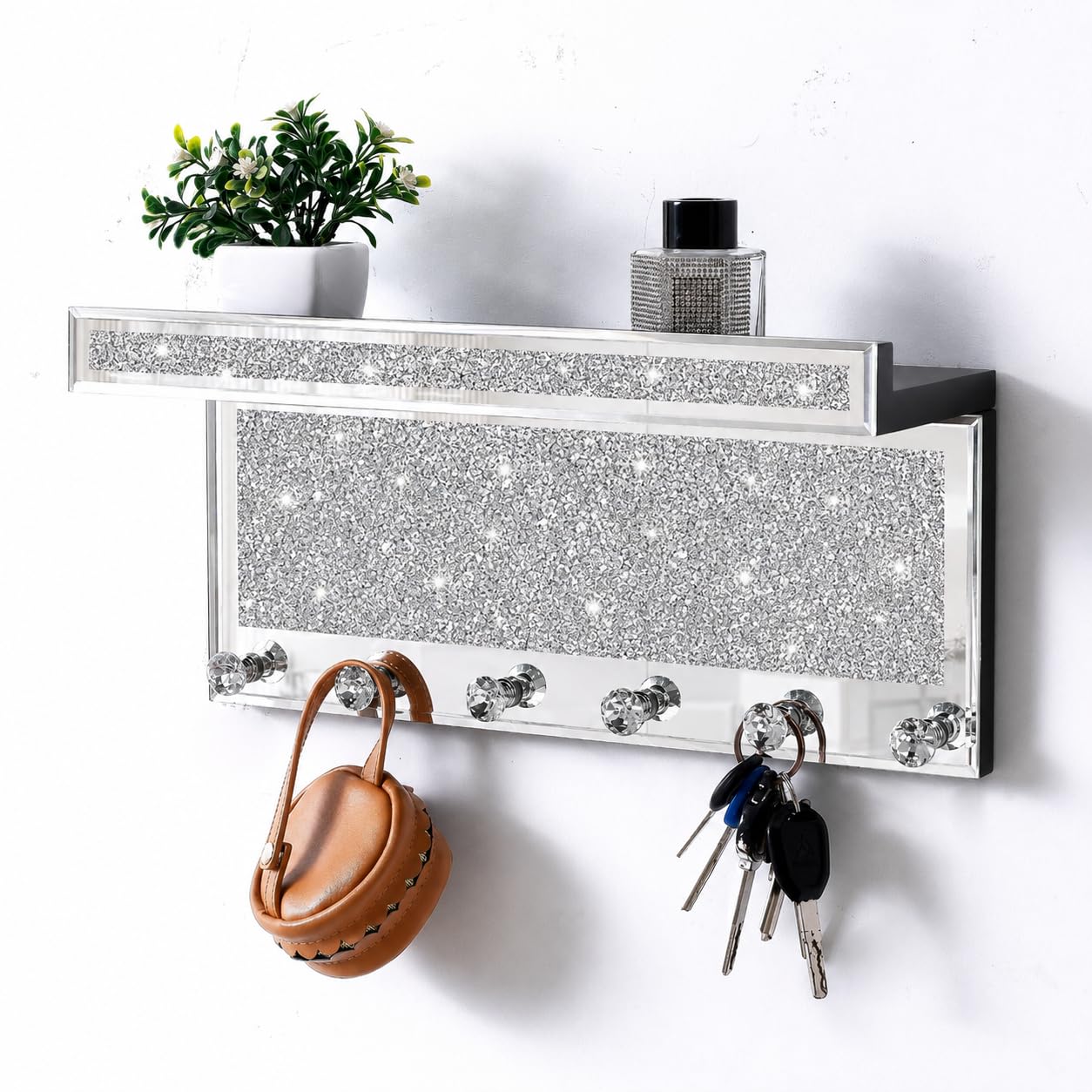 SHYFOY Verspiegelter Schlüsselhalter für die Wand, glitzerndes Wandregal mit 6 Kristallhaken, Wandmontage, Schlüsselhalter, Glas-Post-Organizer mit Haken für den Eingang, Silber