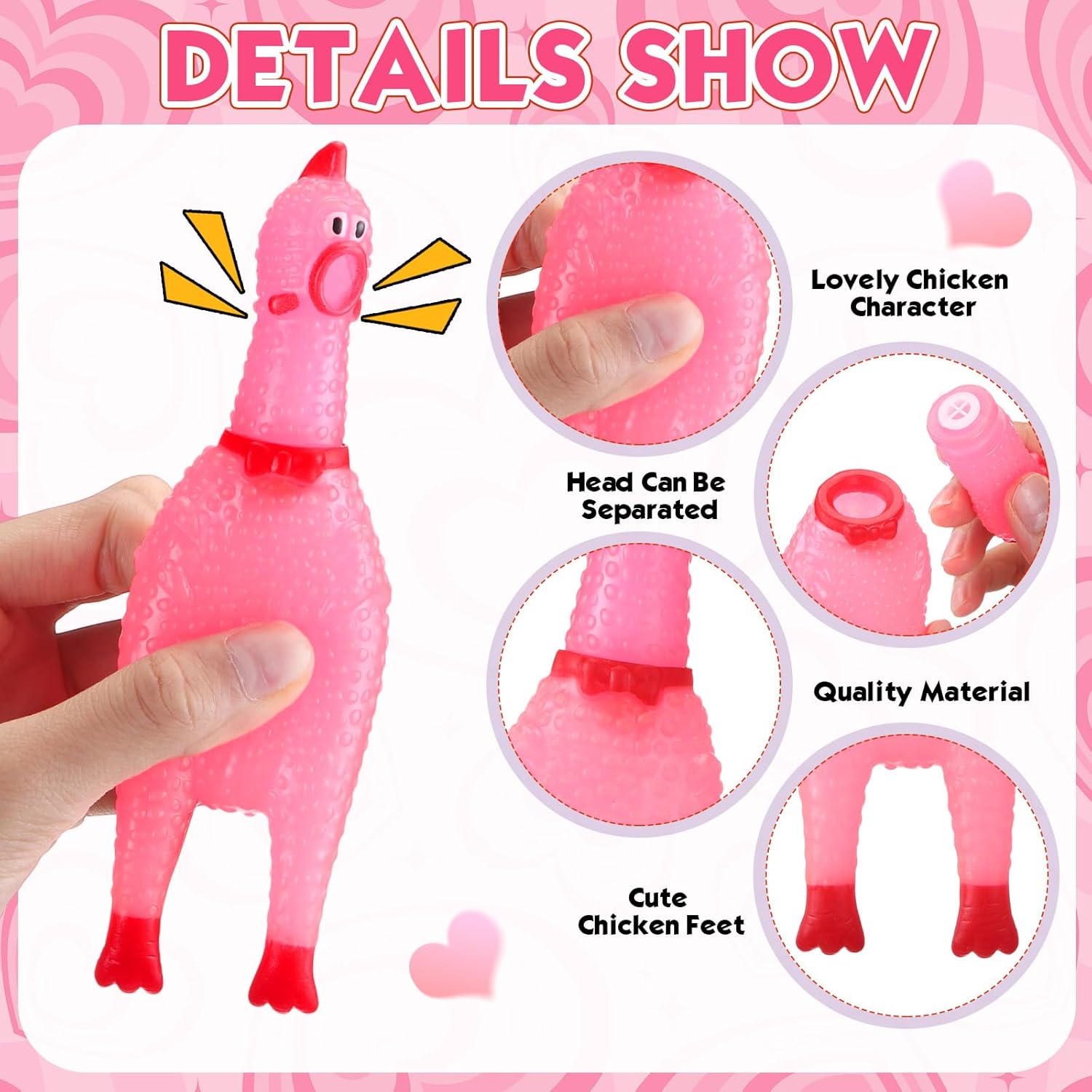 Honoson 50 Pcs Glow in The Dark Rubber Chicken 6.5 Inch Luminous Screaming Chicken Noise Maker Pets Dogs Toys Prank Novelty Party for Adults (Pink)